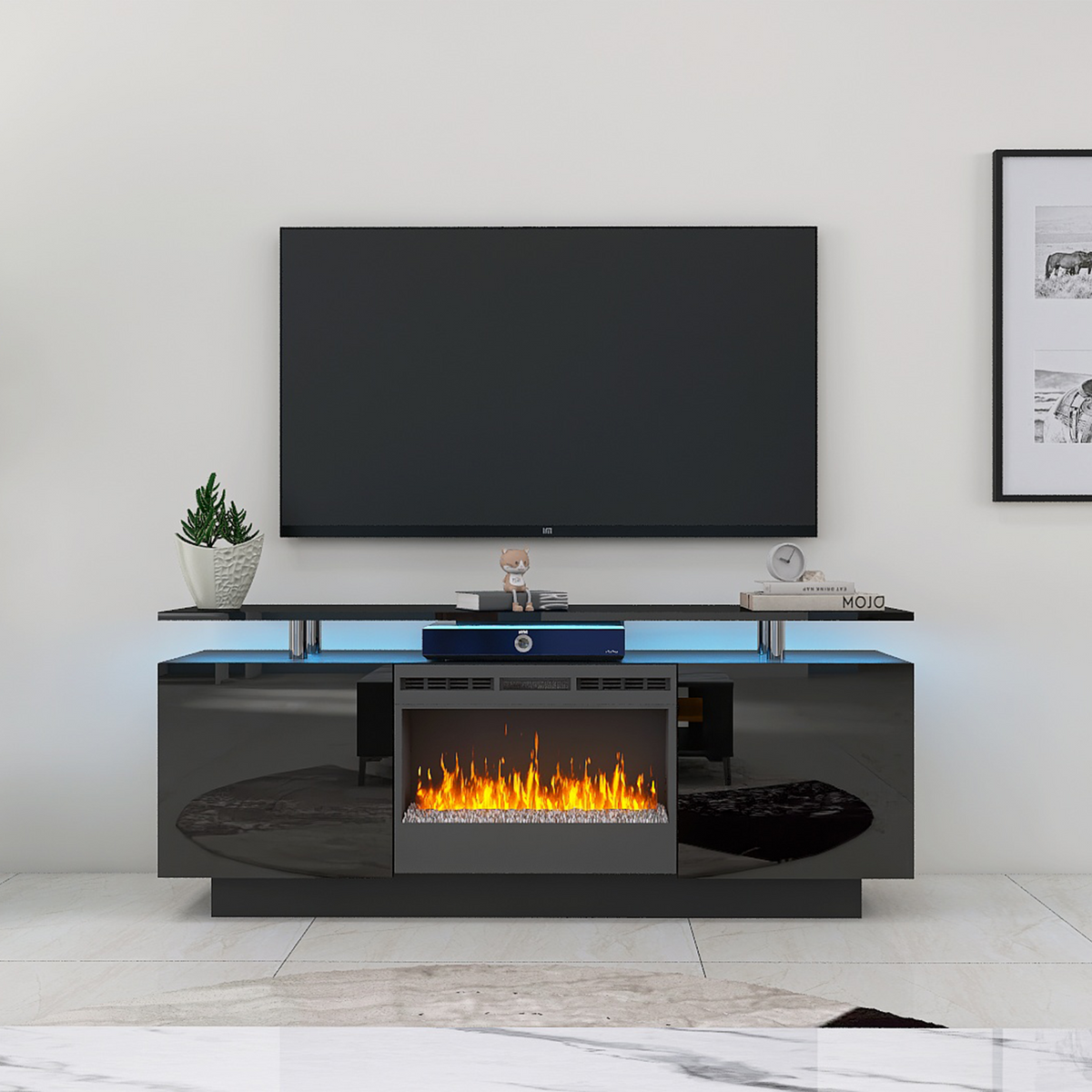 Black 160CM Large TV Cabinet With Fireplace LED Light Change Color 9 Models 8 Levels In Black