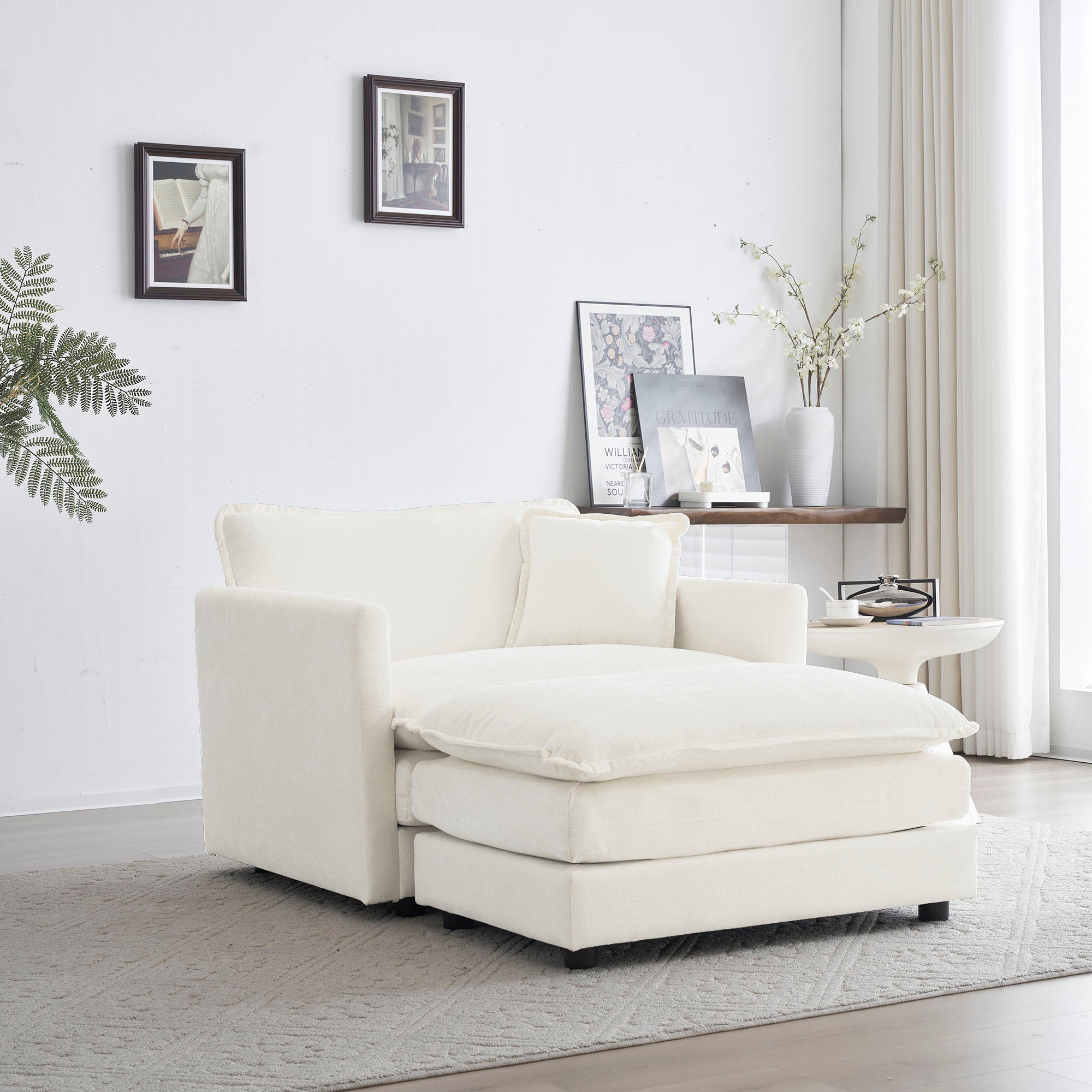 Modern Accent Chair with Ottoman Upholstered In White Chenille