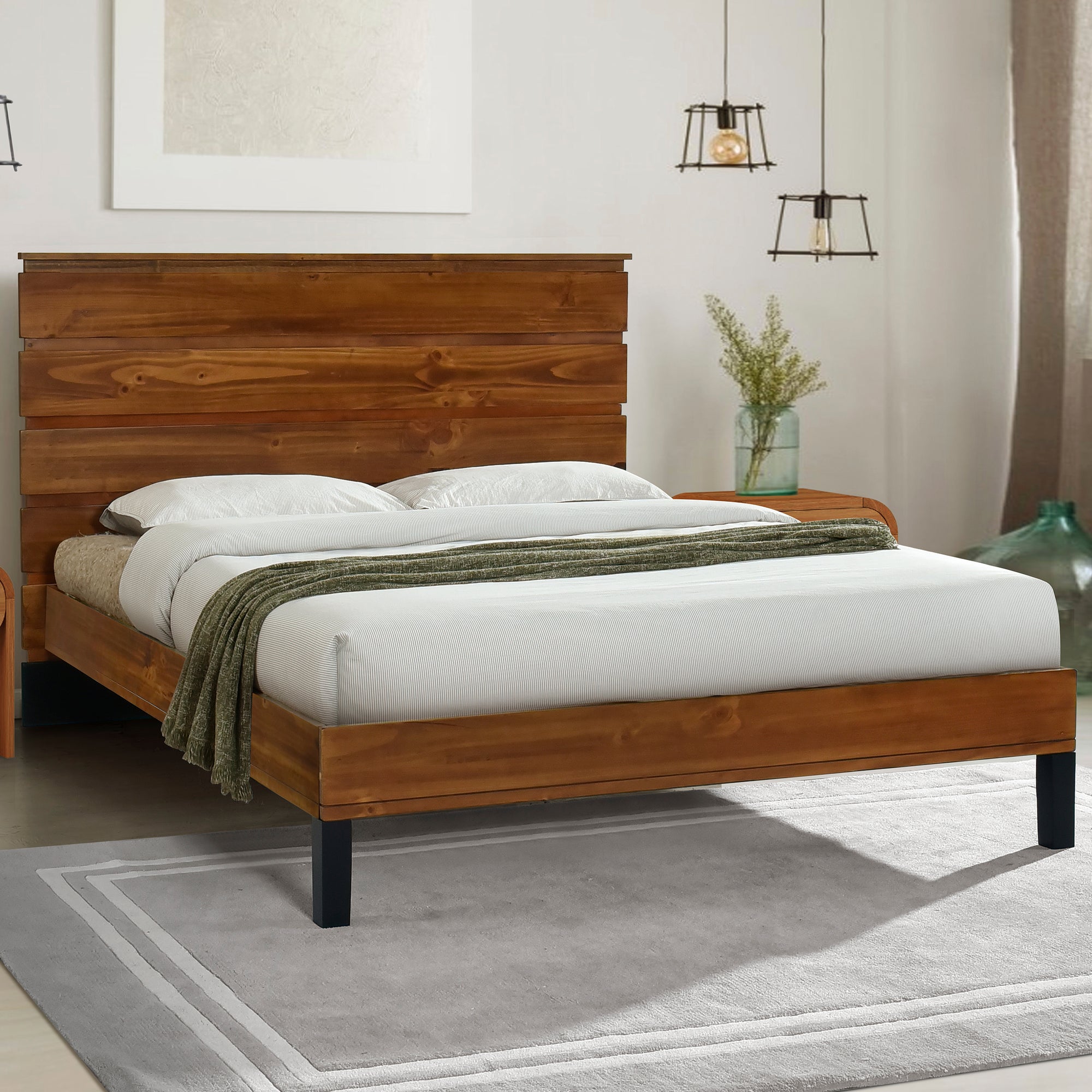 Mid-Century Modern Queen Bed with Six-Piece Solid Pinewood Headboard in Brown