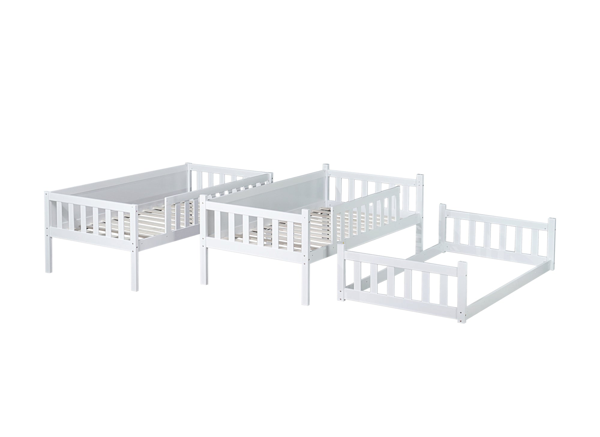 Detachable Twin Size Triple Bunk Bed with Ladders and Guardrails in White