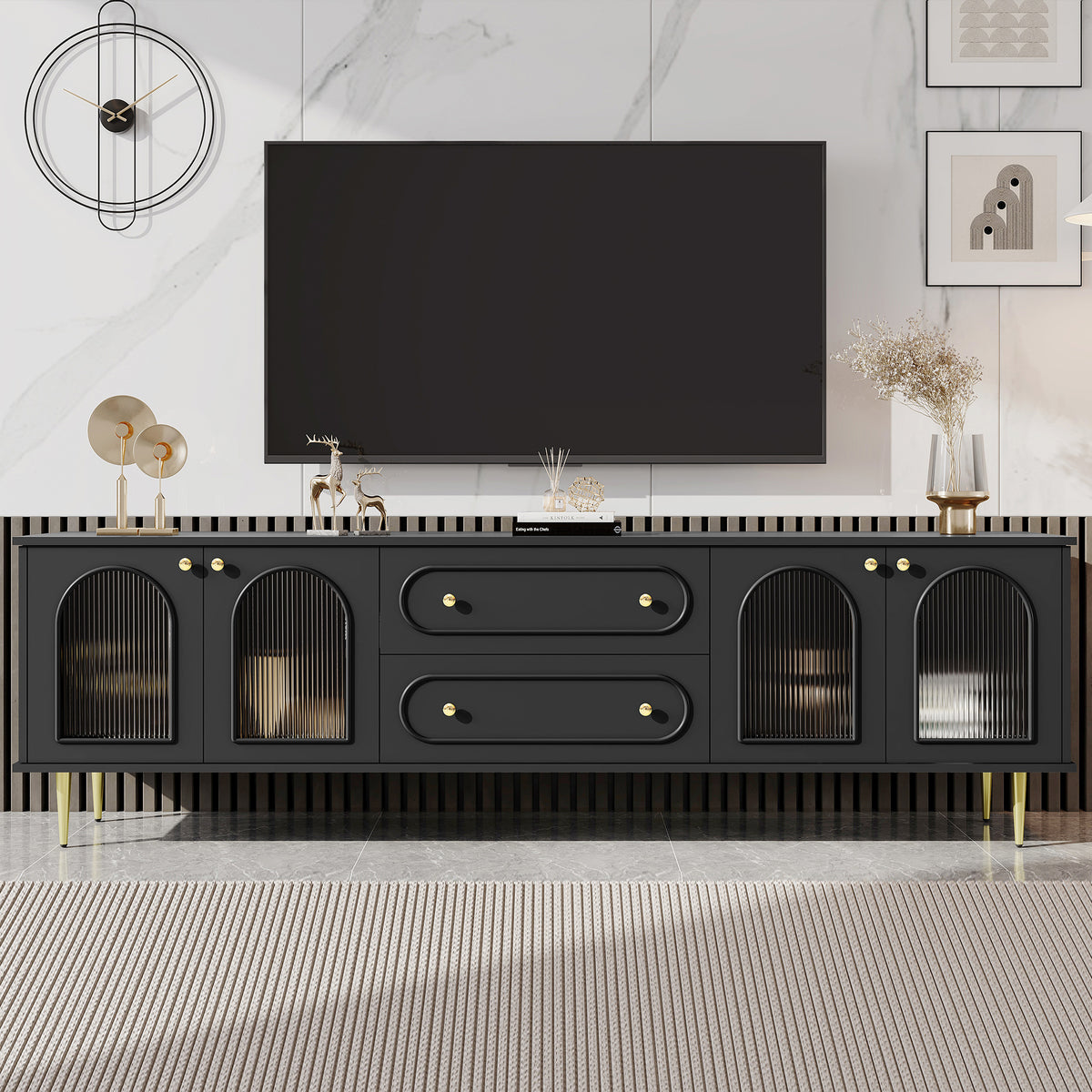 Modern TV Stand 78.7 Inch with Metal Legs and Handles, Two Drawers and Two Cabinets with Fluted Glass Doors In Black