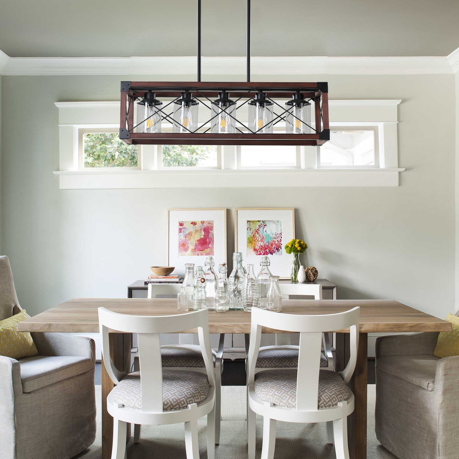 Farmhouse 5-Light Chandelier with Redwood Frame and Glass Shades