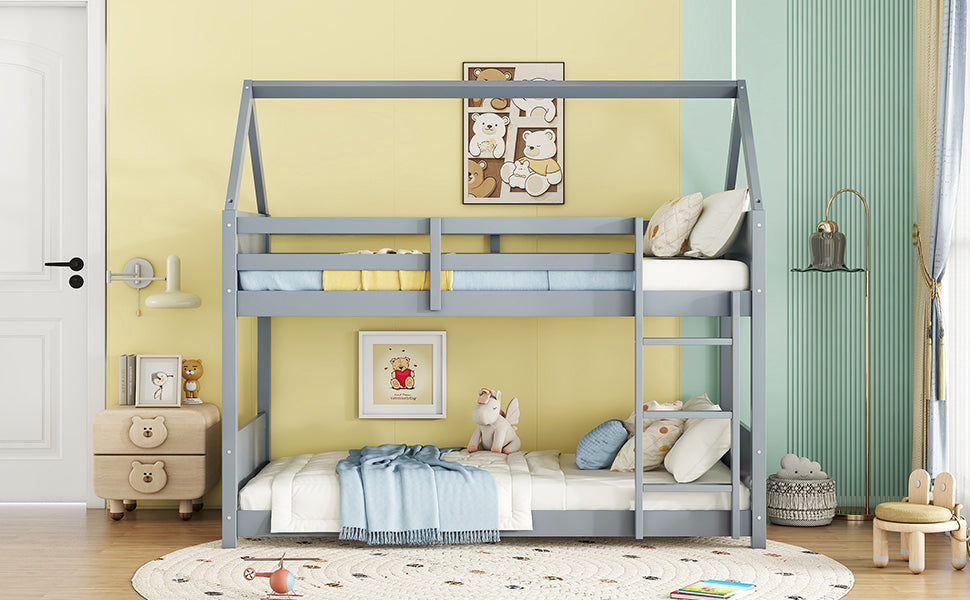 Light Gray Twin Over Twin House Floor Bunk Bed