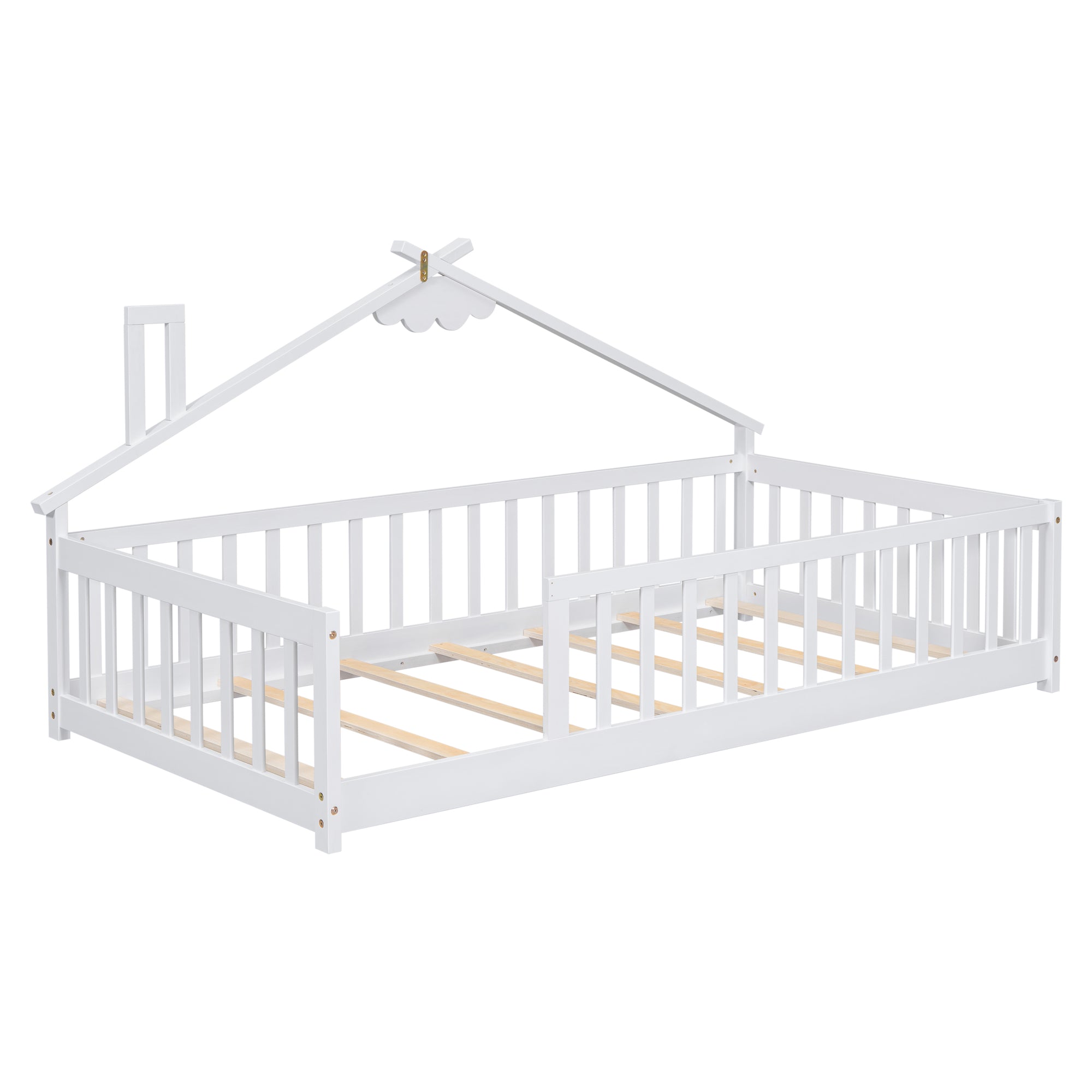 Twin House-Shaped Toddler Floor Bed with Guardrails and Slats