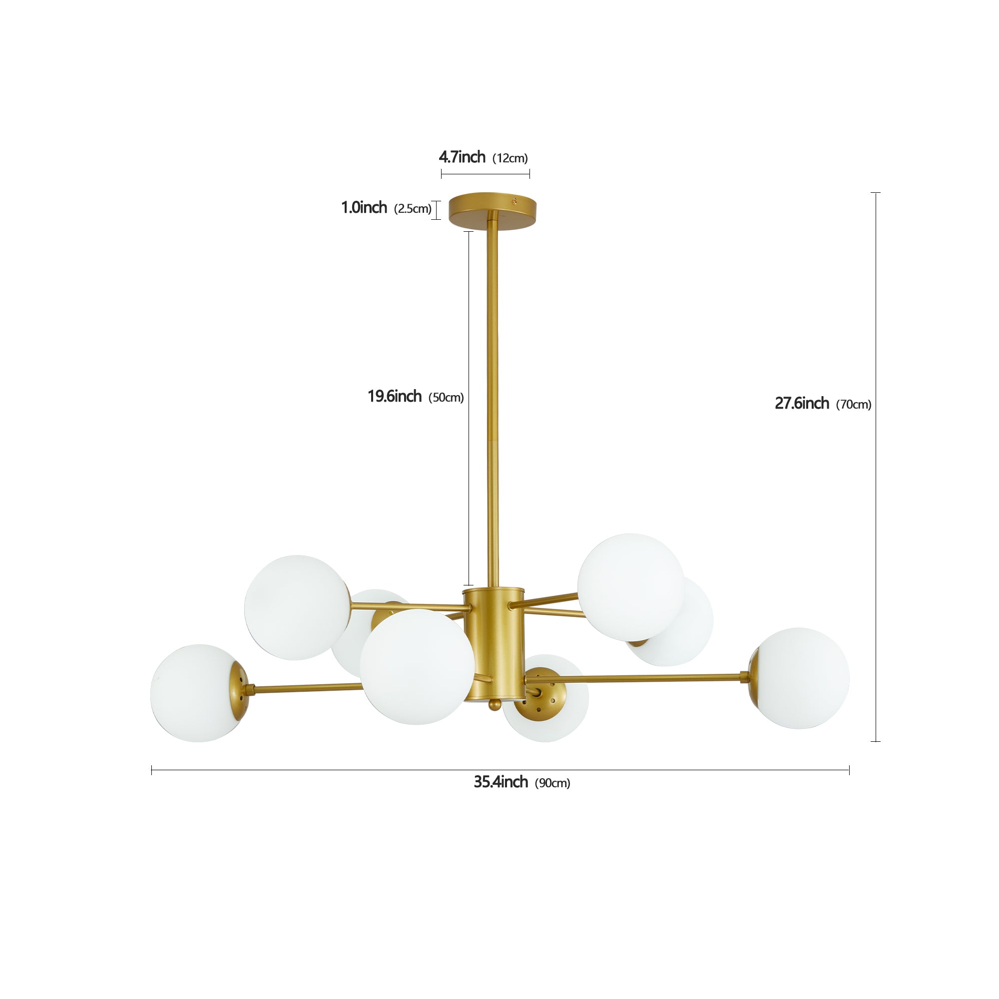 Modern 8-Light Gold Chandelier with White Glass Globe Shades