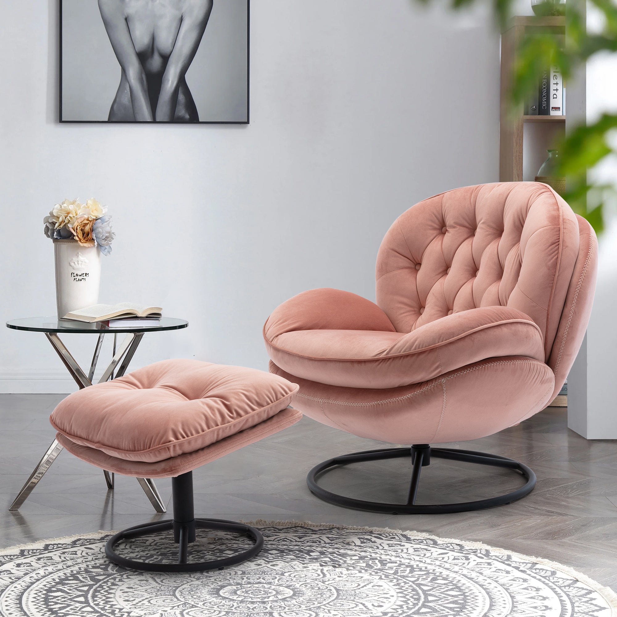 Pink Velvet Accent Chair with Ottoman Set