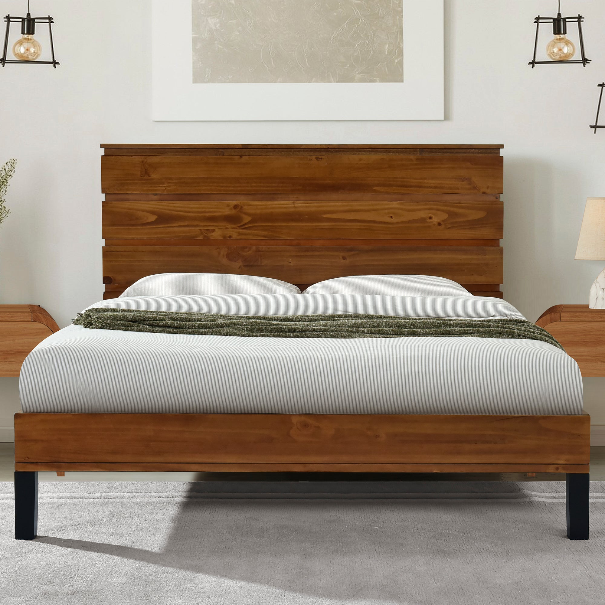 Mid-Century Modern King Bed with Unique Six-Piece Headboard and Natural Wood Grain