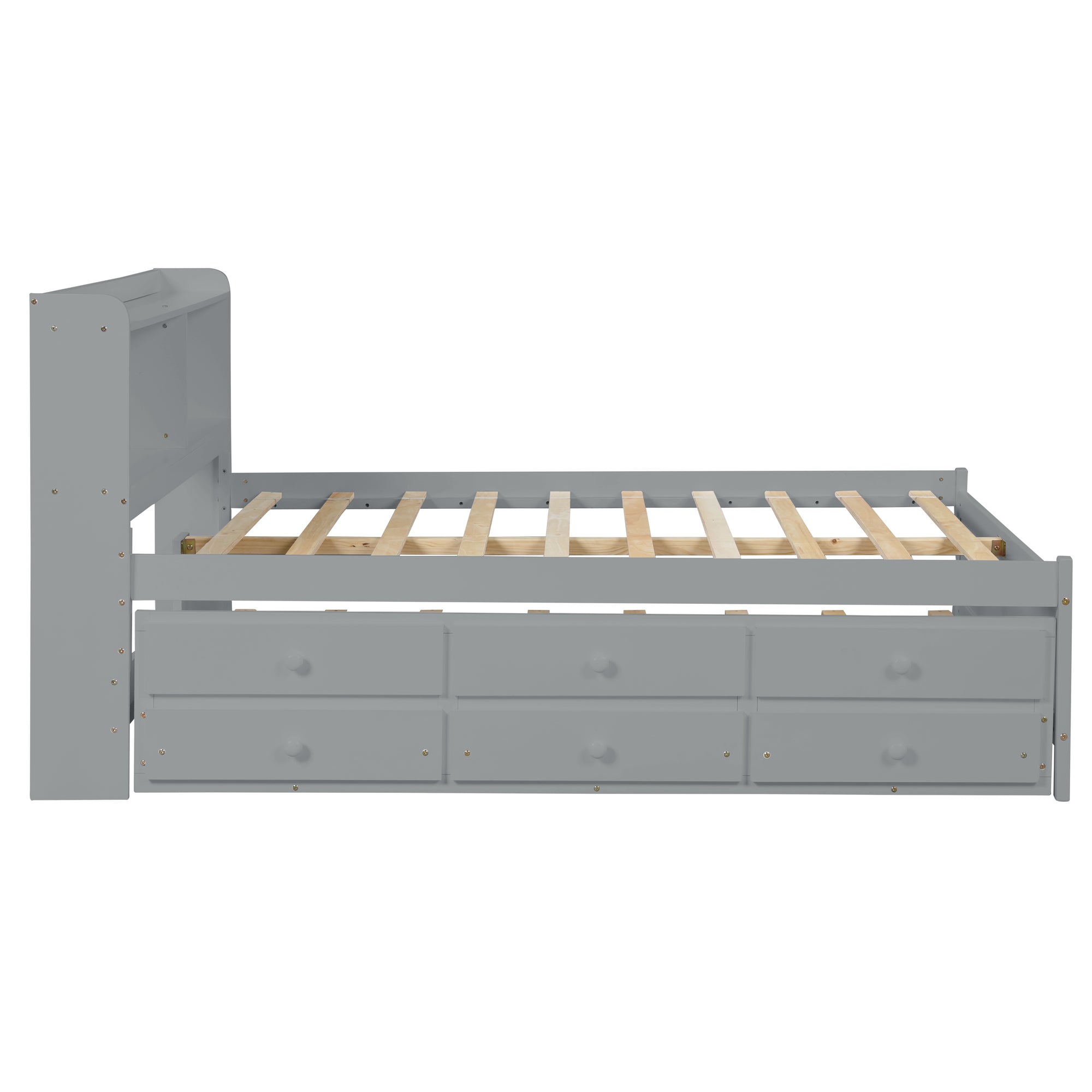 Gray Full Bed with Bookcase, Twin Trundle, and Drawers