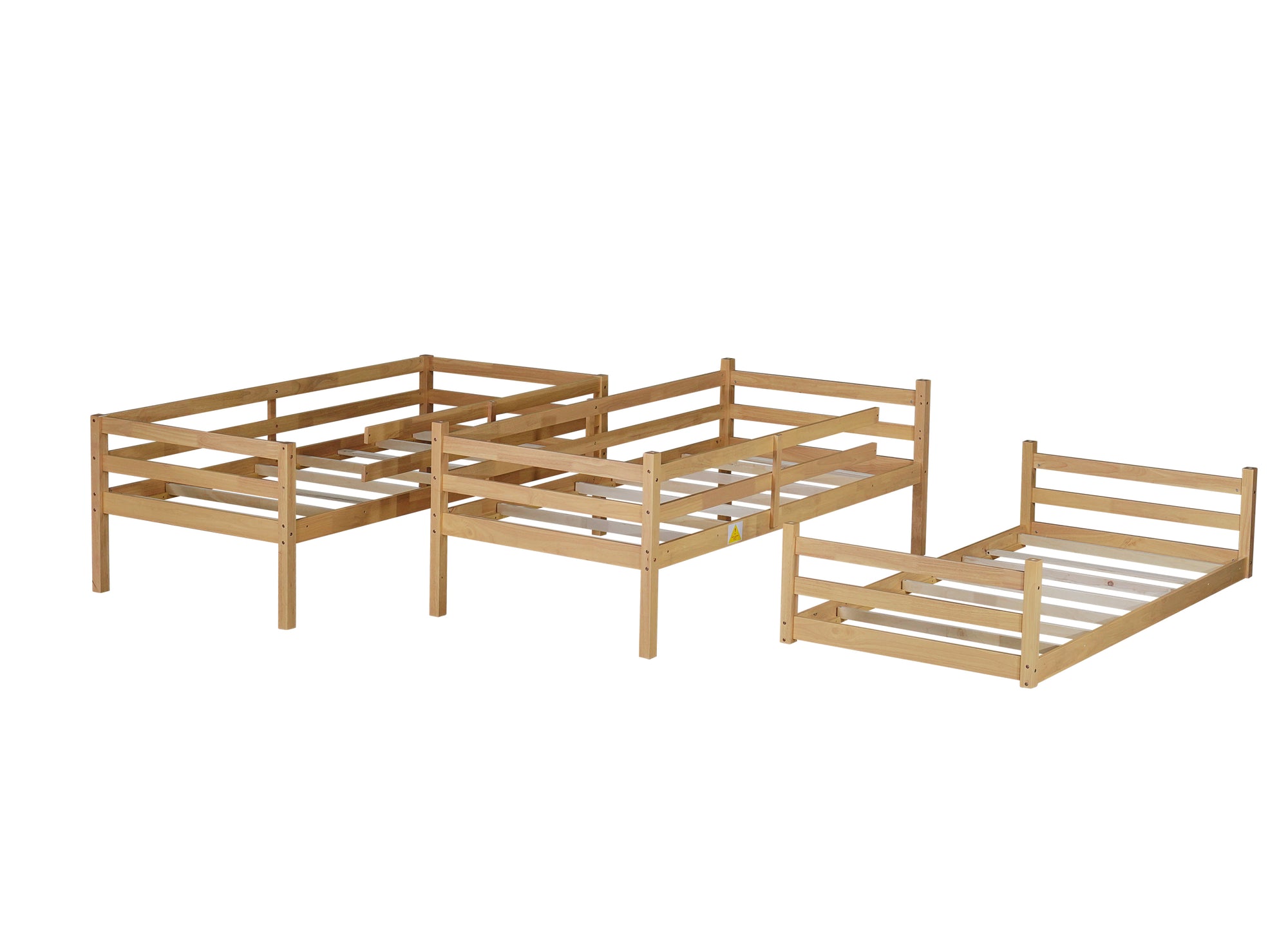 Triple Wood Bunk Bed with Two Built-in Ladders and Guardrails