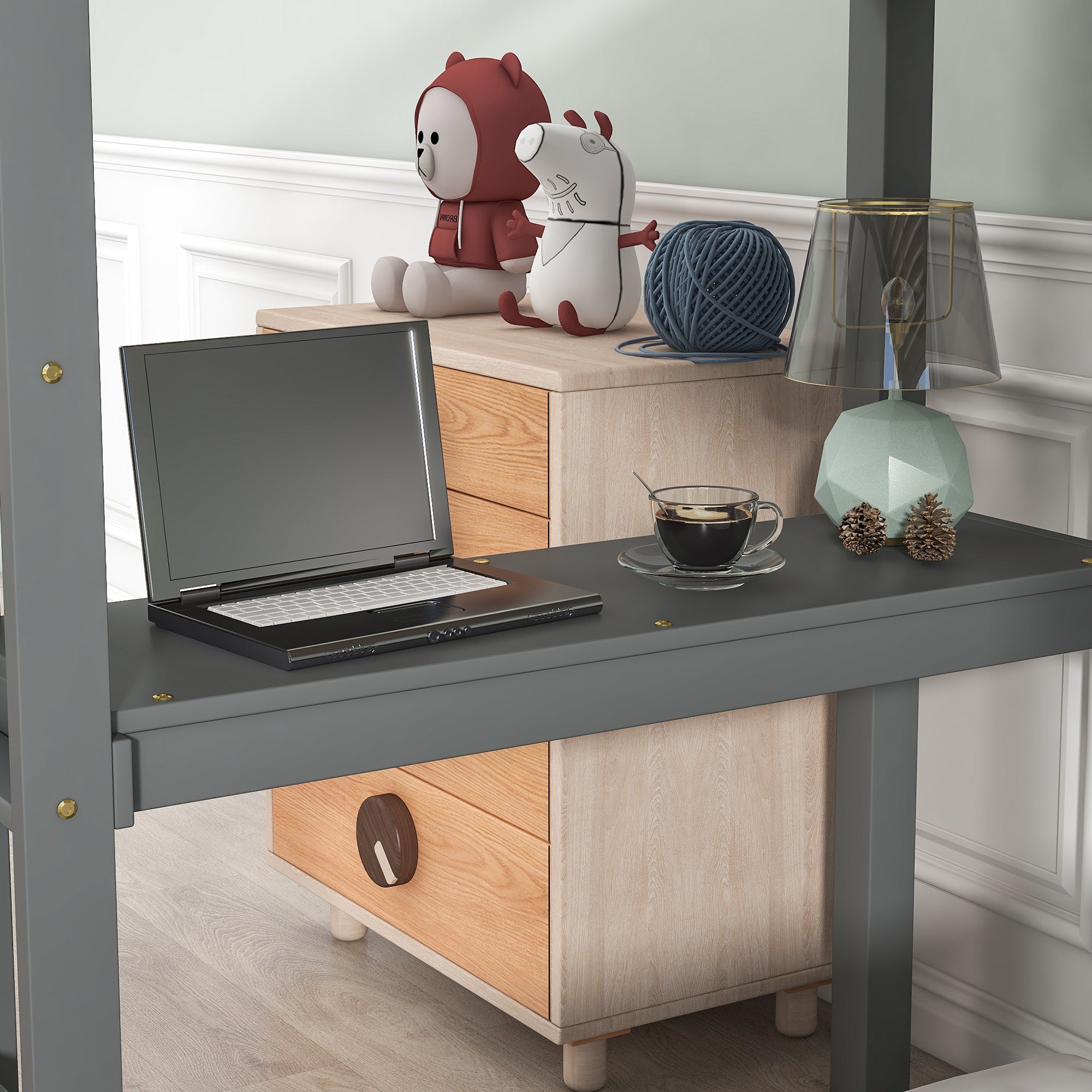 Gray Twin Loft Bed with Built-in Desk