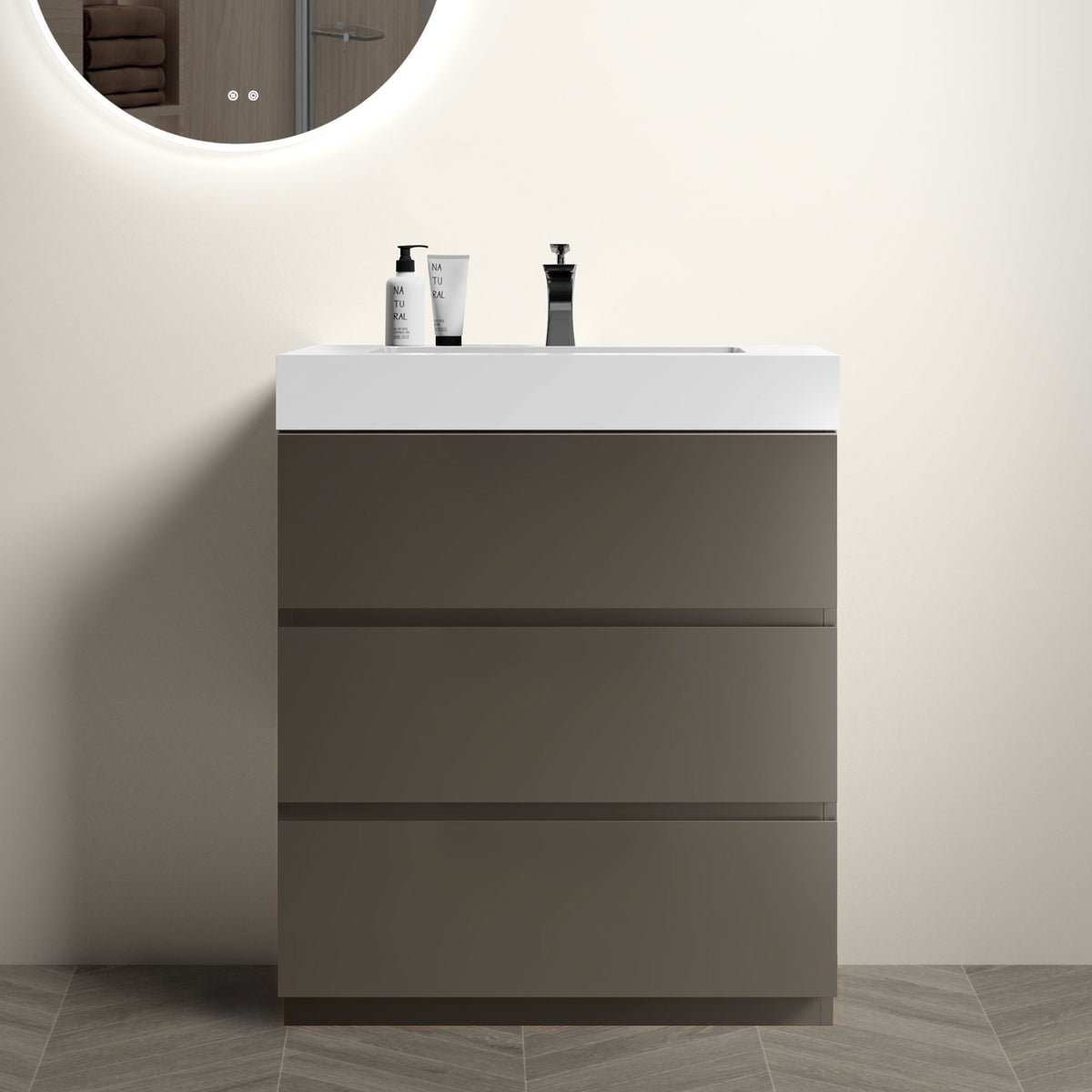 30&#39; Gray Bathroom Vanity with Sink for Modern Space, Large Storage Freestanding Design, One-Piece White Sink Basin, Pre-assembled In Gray