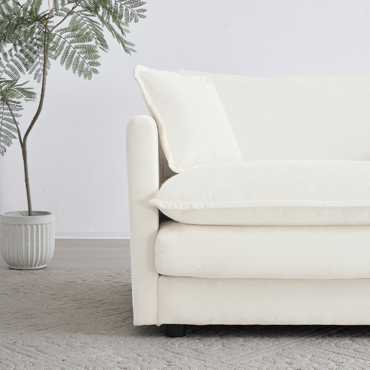 Comfy White Chenille Fabric Deep Seat Single Sofa Armchair with Throw Pillow