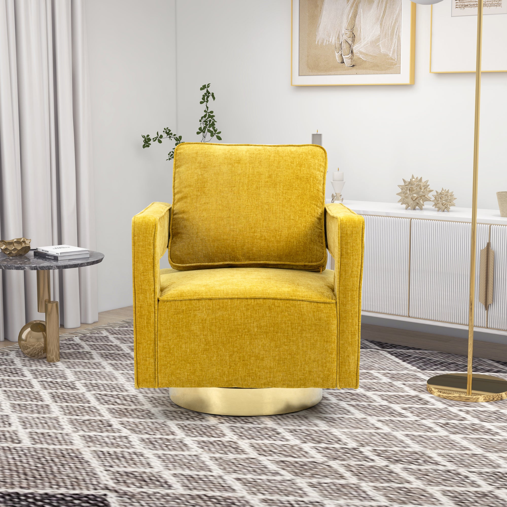 Open Back Mustard Chenille Swivel Accent Chair With Gold Stainless Steel Base