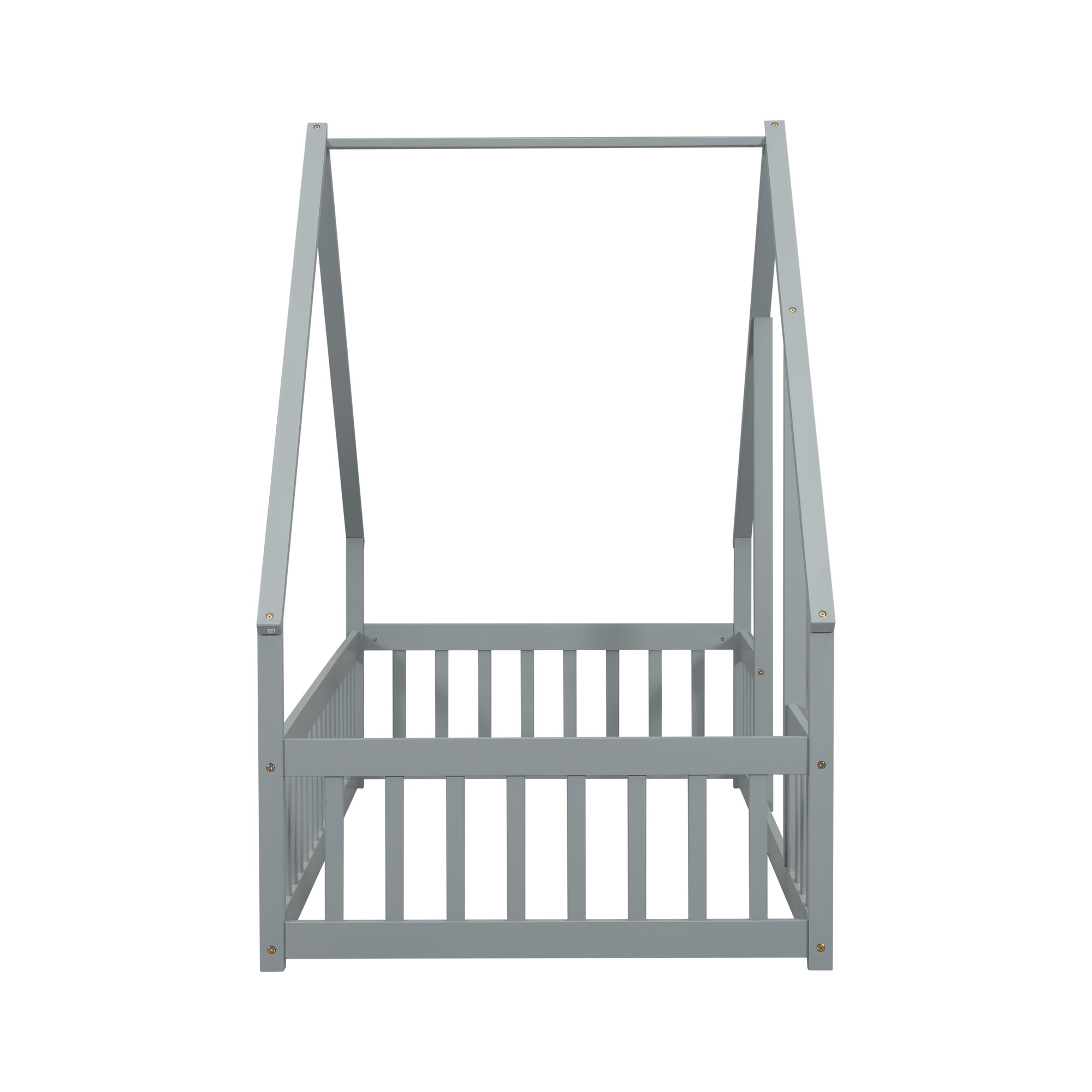 Twin Wood House-Shaped Toddler Floor Bed with Fence & Guardrails in Gray