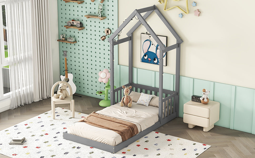 Gray Twin House-Shaped Roof Headboard Toddler Floor Bed