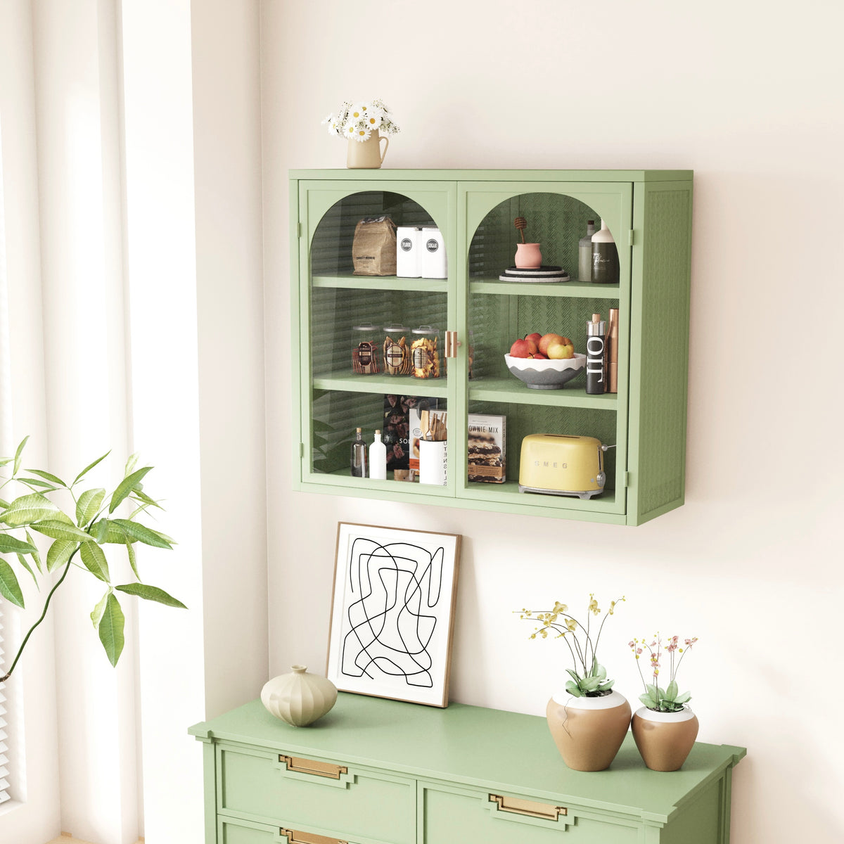 Modern Two-Door Wall Cabinet with Glass Doors and Three-Tier Storage In Green