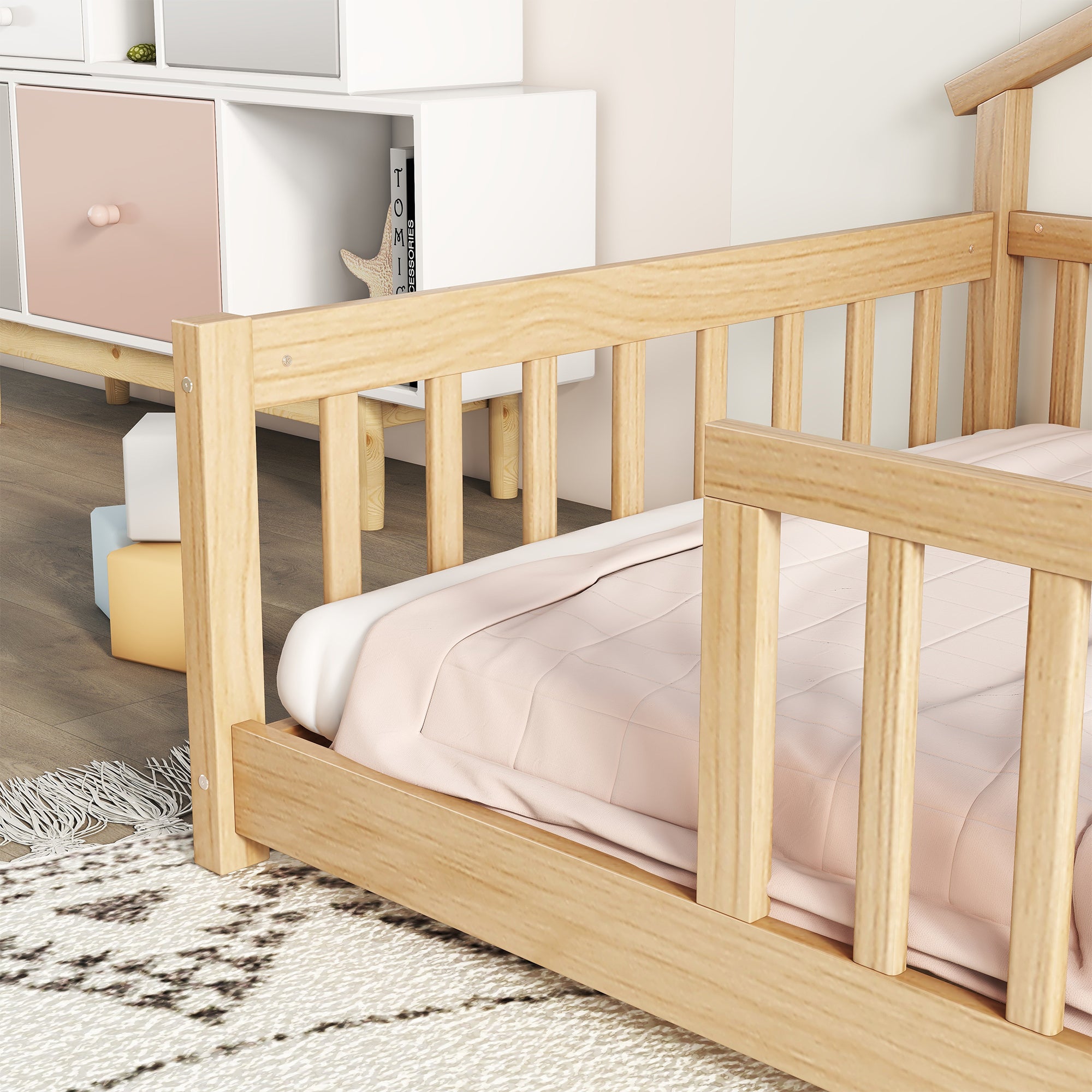 Twin House-Shaped Toddler Floor Bed with Guardrails and Fence in Natural Tones