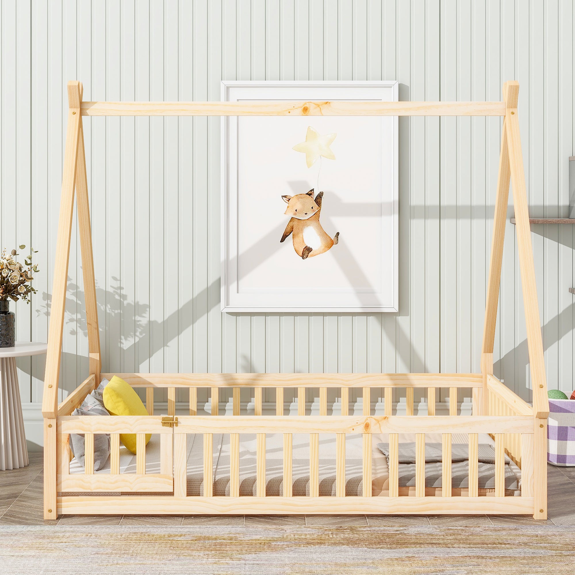 Full Tent-Shaped Floor Bed with Guardrails and Slats