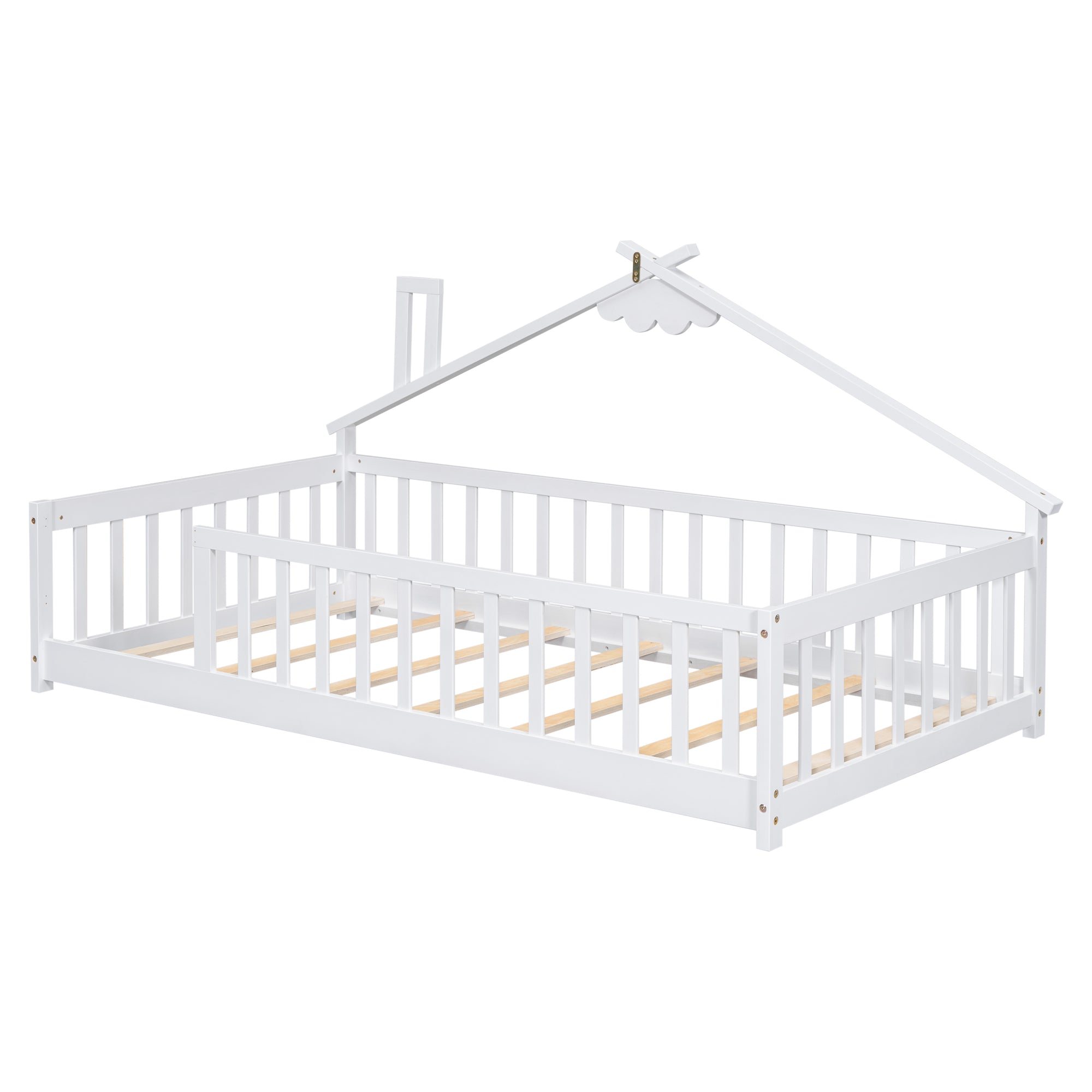 Twin House-Shaped Toddler Floor Bed with Guardrails and Slats