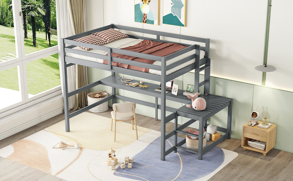 Gray Full Size High Loft Bed with Built-in Desk, Ladder Platform, and Guardrails