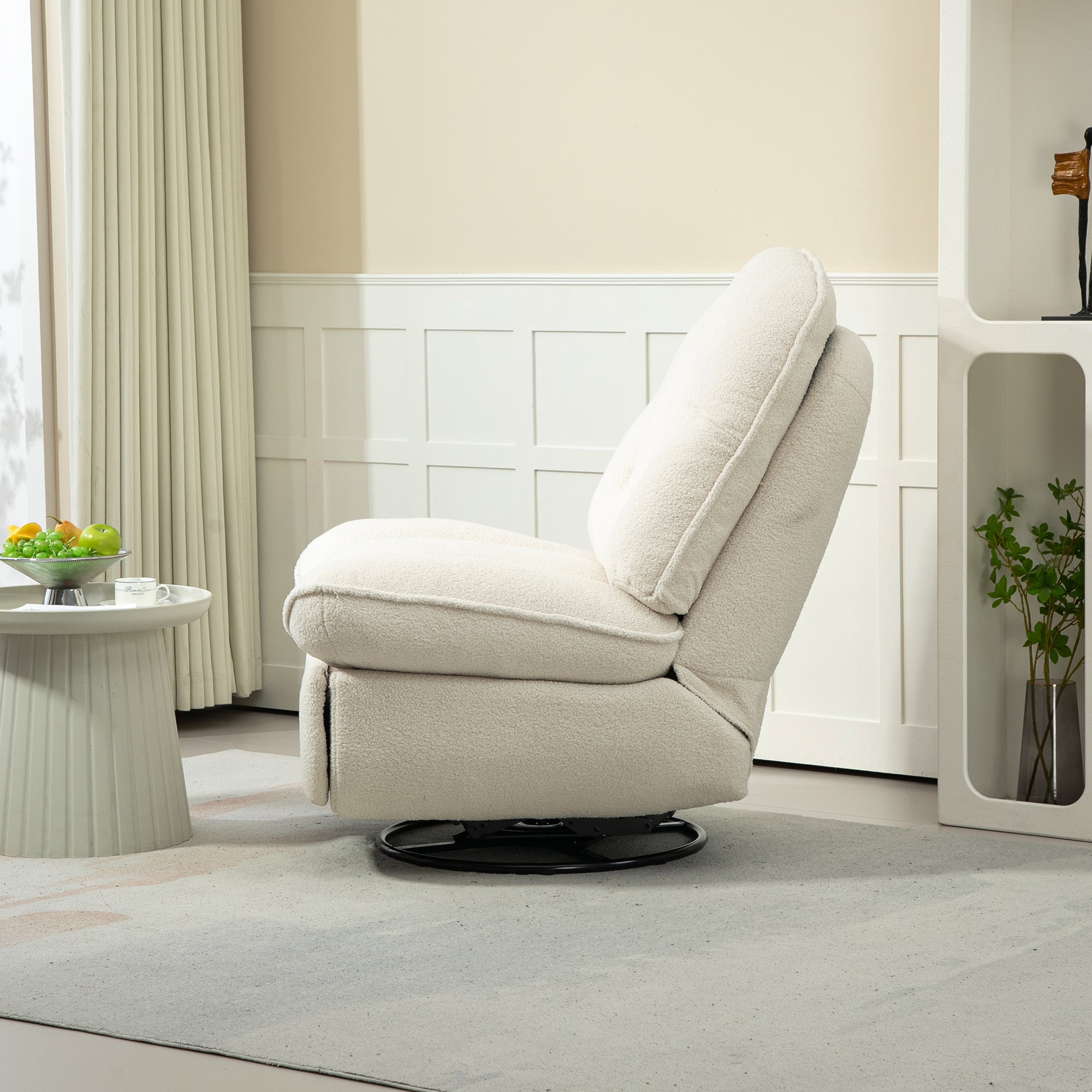 Beige Chenille Upholstered Swivel Recliner Accent Chair