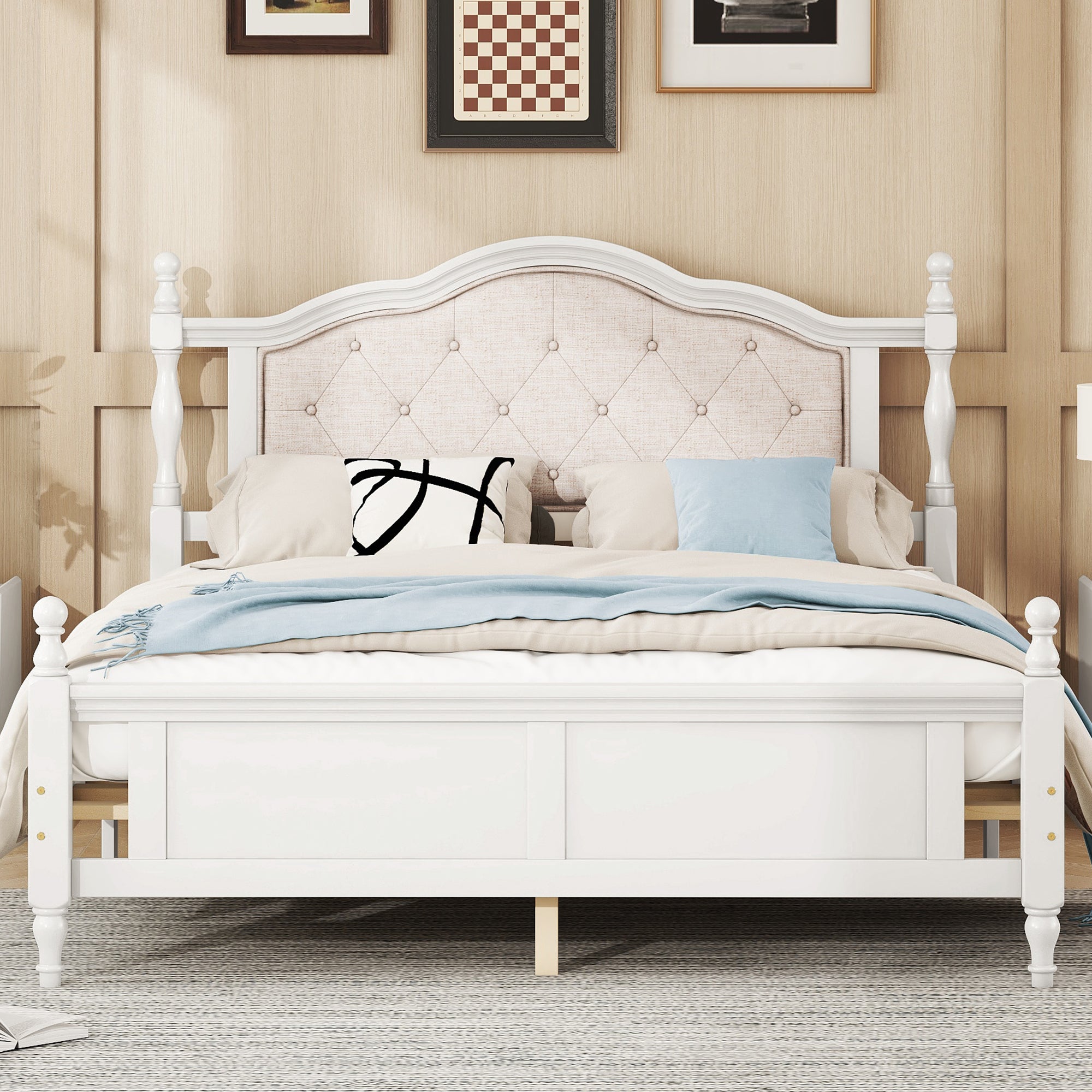 Queen Pine Wooden Bed with Upholstered Headboard and Panel Footboard In White