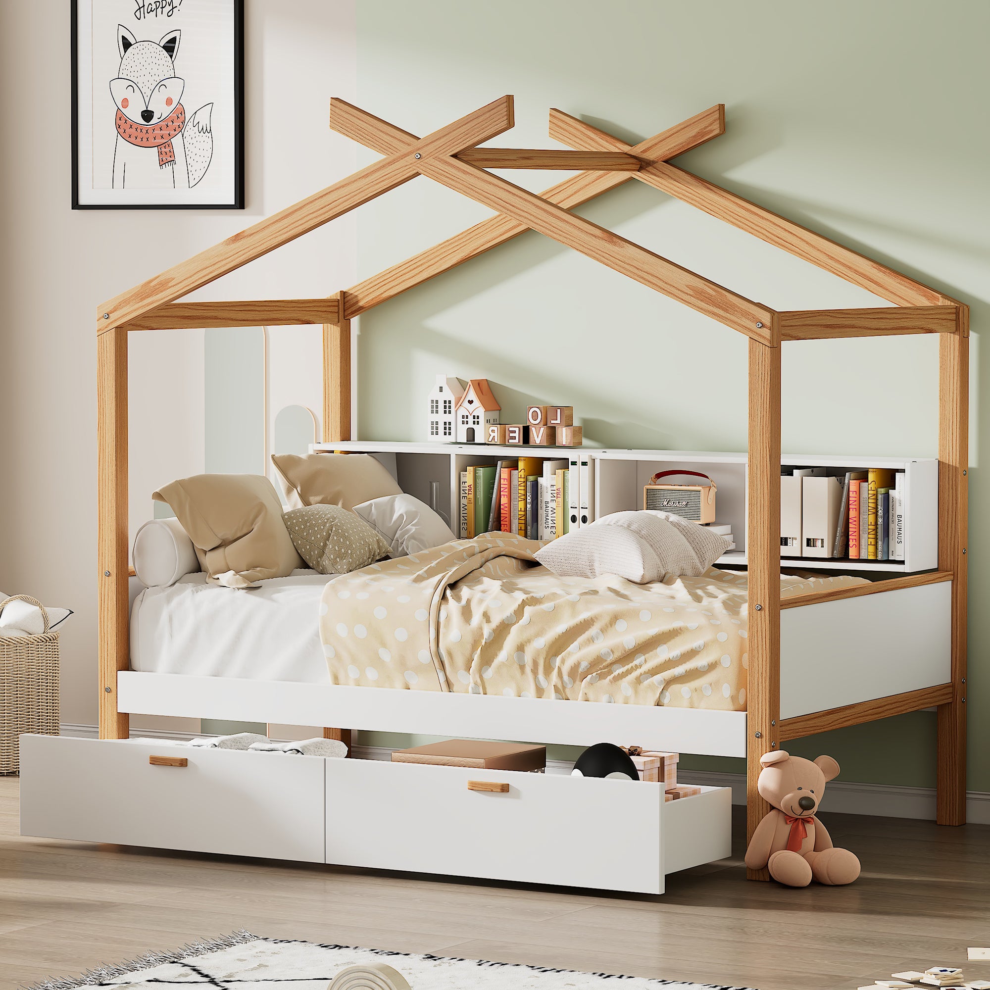 Full-Size House Bed with Storage Drawers and Bookshelves