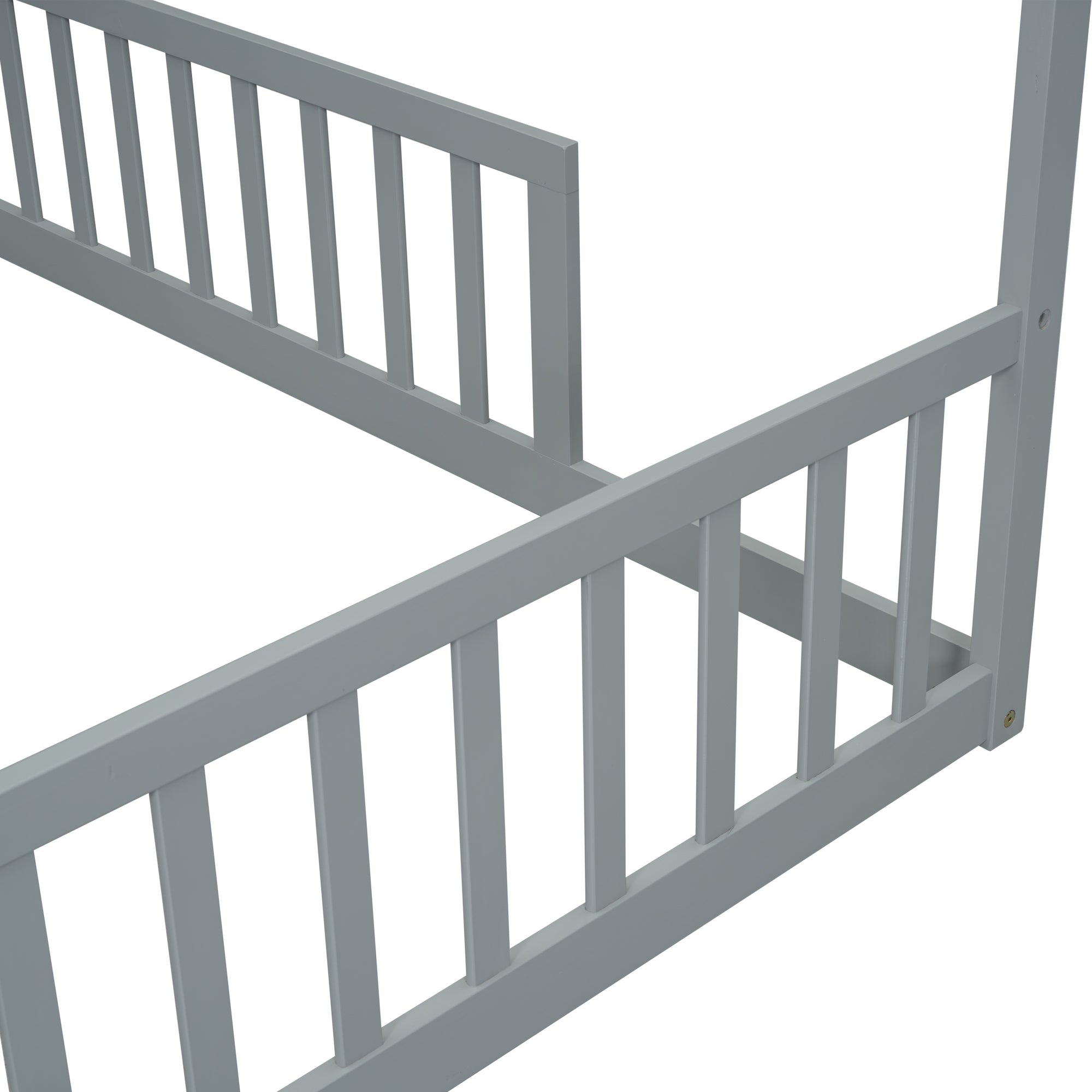 Gray Double Twin House-Style Toddler Floor Bed with Fence and Guardrails