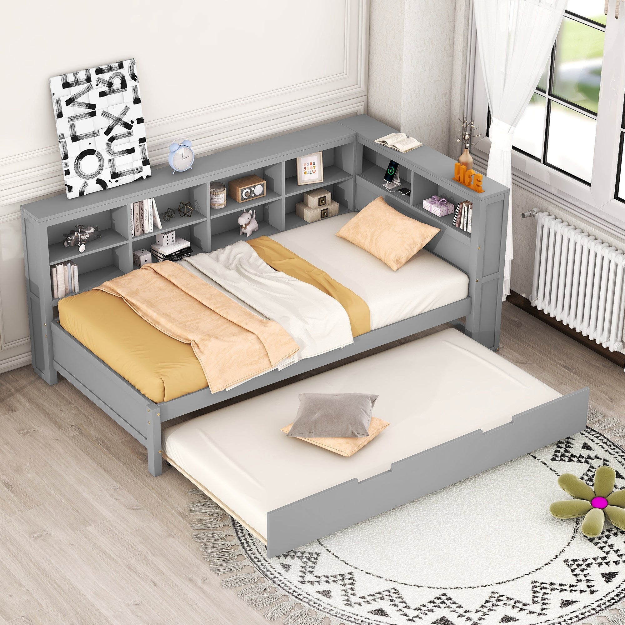 Wooden Twin Size DayBed with Trundle and USB Ports In Grey