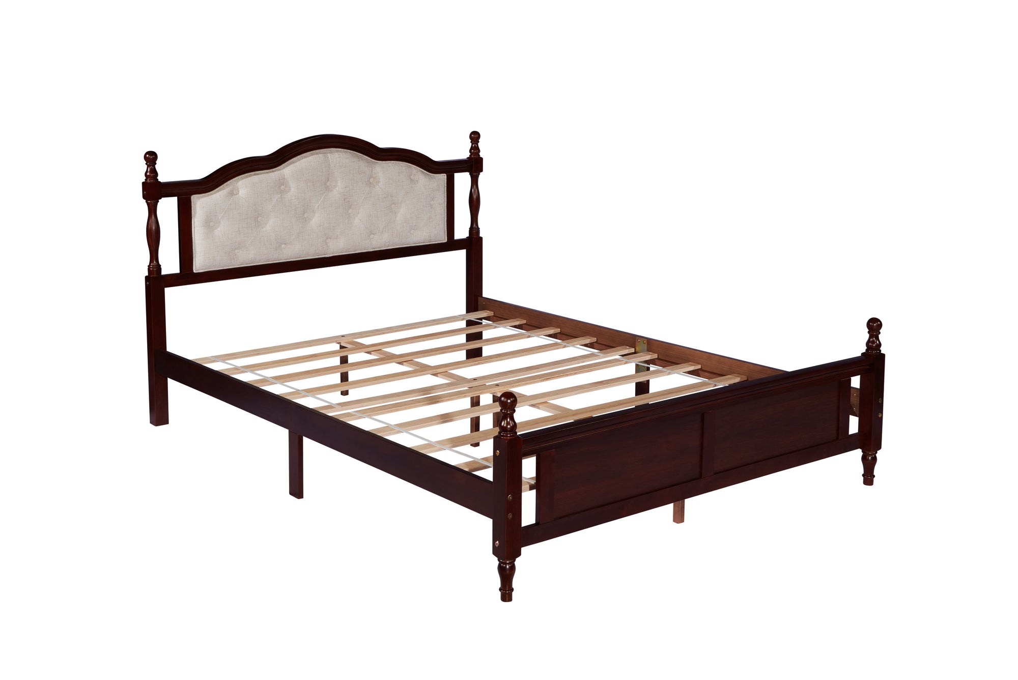 Classic Queen Size Pine Wood Bed with Upholstered Headboard