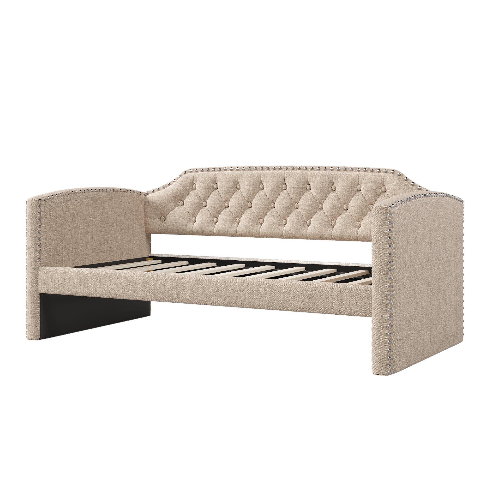 Twin Upholstered Daybed with Trundle in Beige Linen