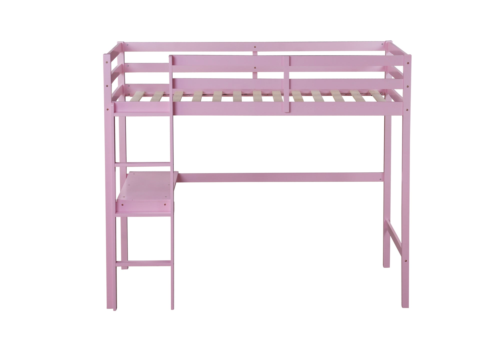 Pink Twin High Loft Bed with Built-in Desk, Rubber Wood Frame, and Safety Guardrail