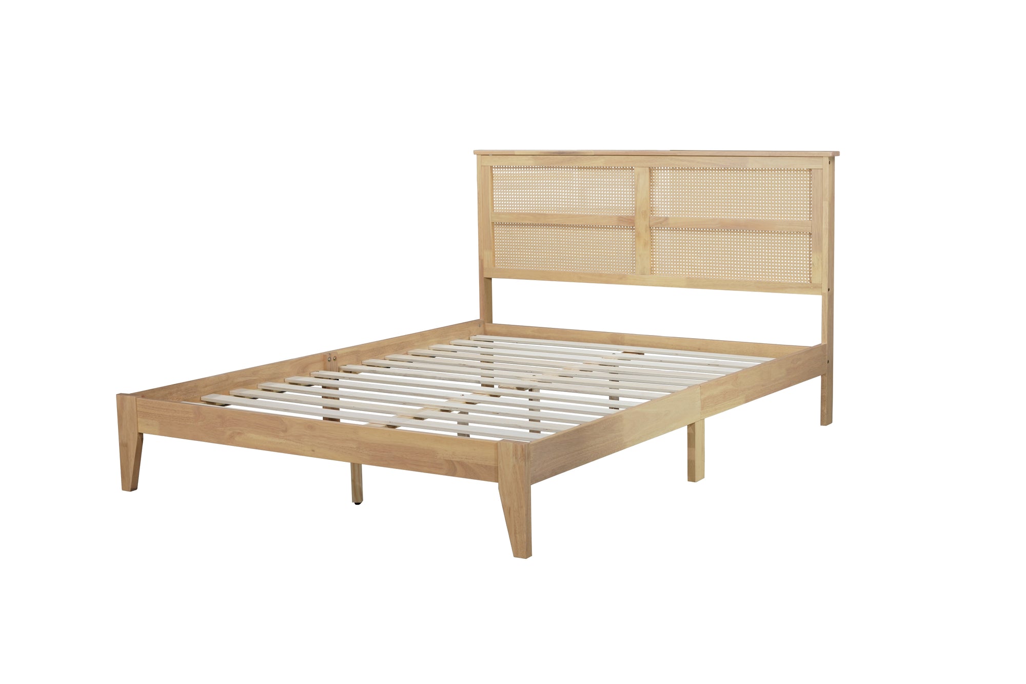 Premium Rubber Wood Queen Size Bed with Rattan Headboard