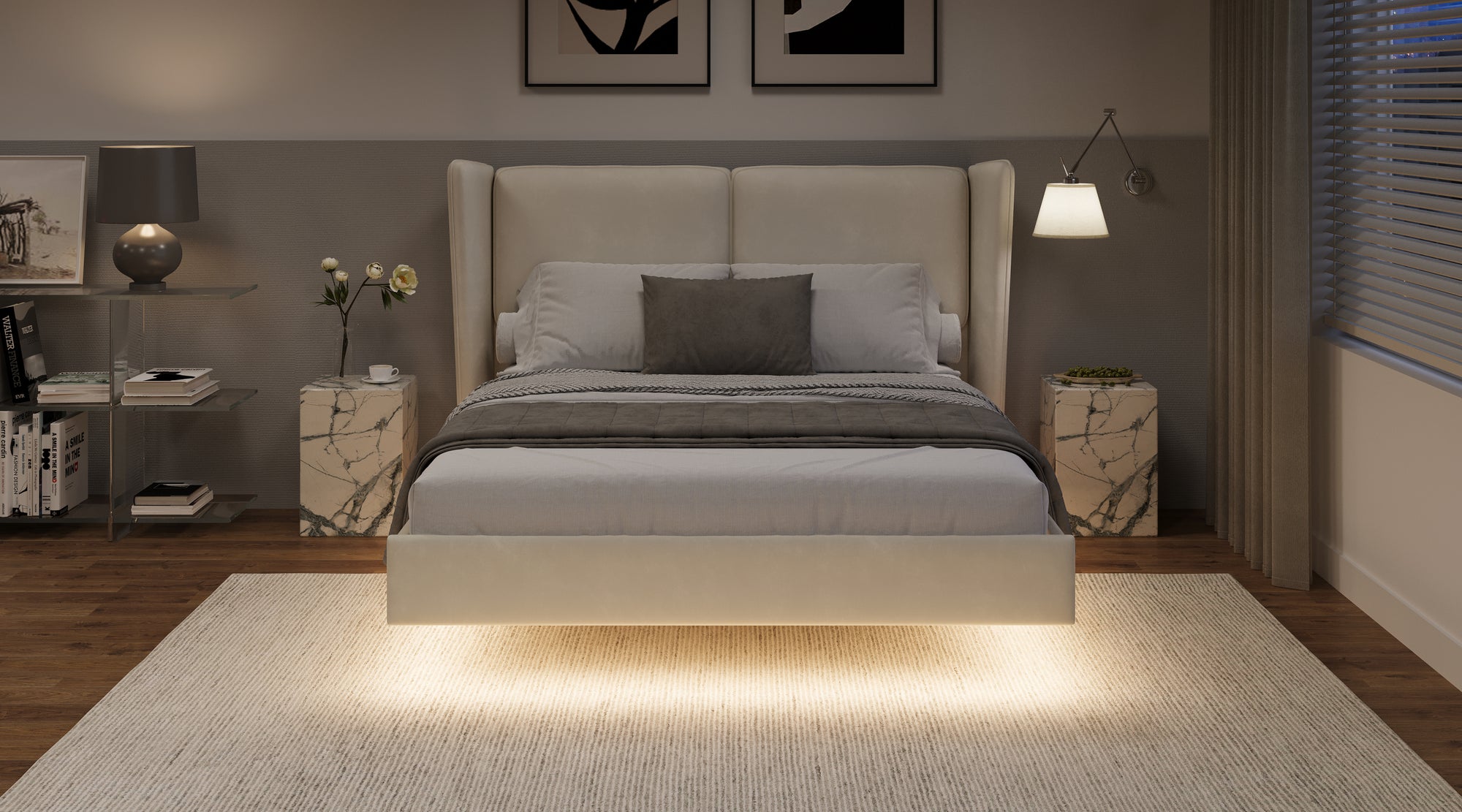 Modern Full-Size Floating Velvet Platform Bed With LED Lighting & Winged Back