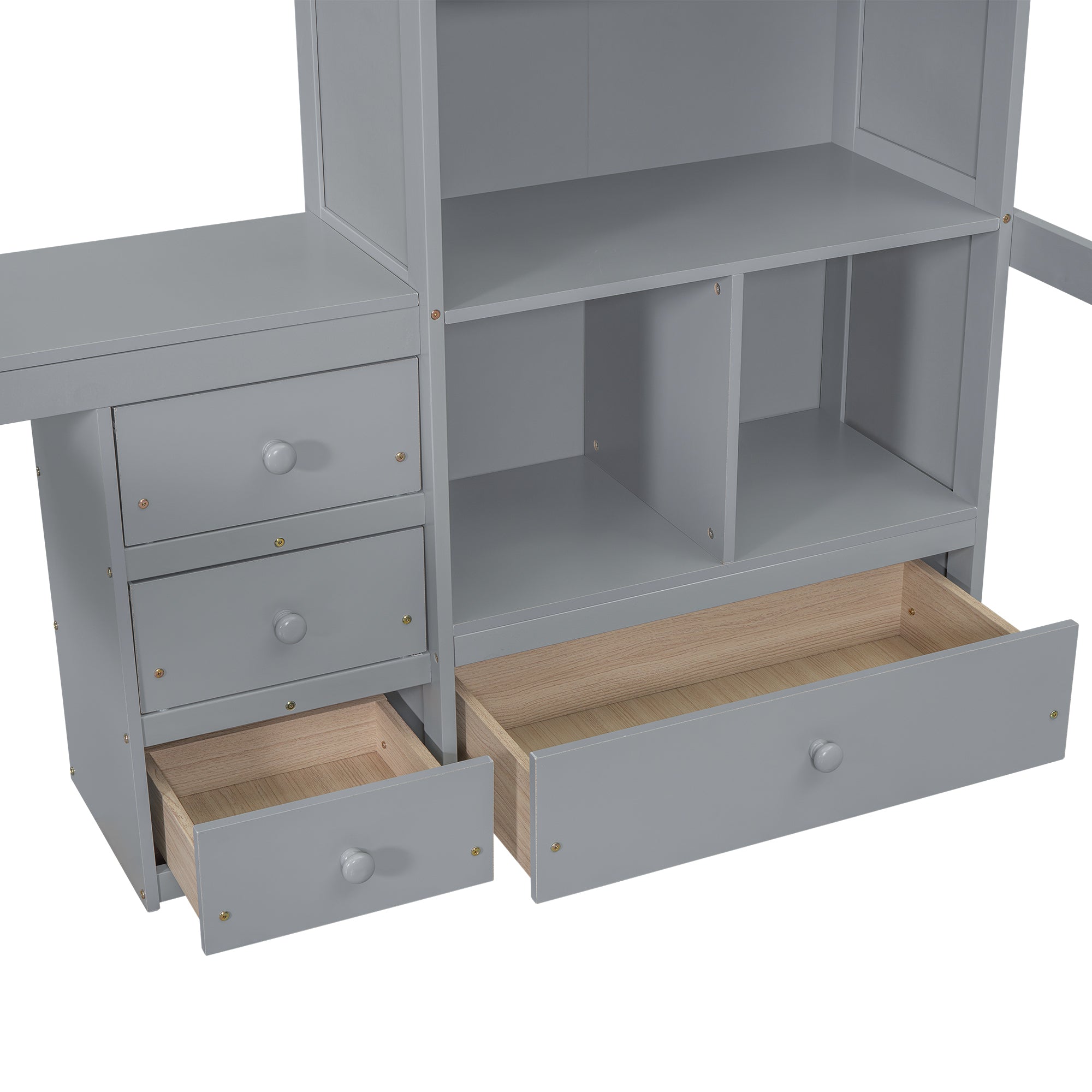 Gray Full Size High Loft Bed with Desk, Storage Shelves, and Drawers