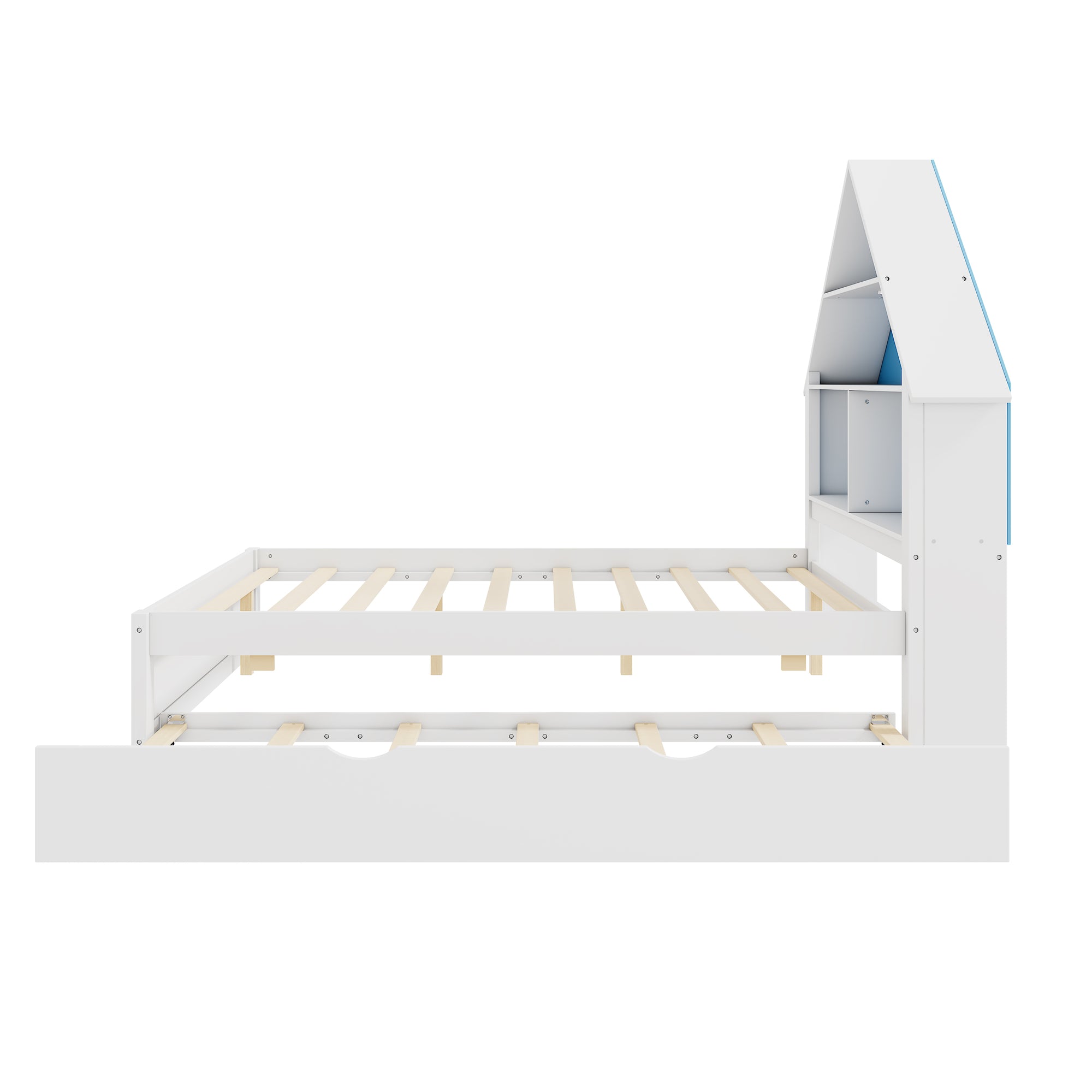 White & Blue Full House-Shaped Bed Frame with Trundle, Shelves, and LED Nightlight