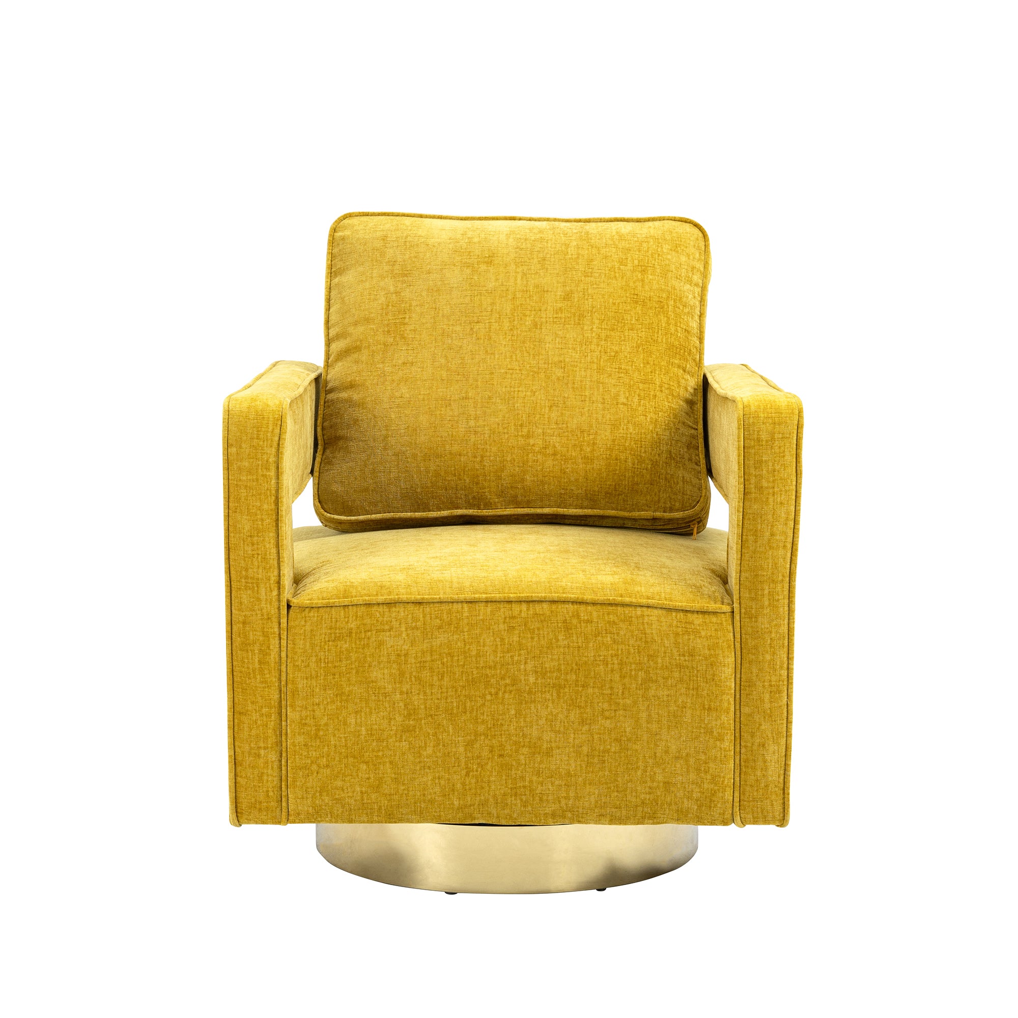 Open Back Mustard Chenille Swivel Accent Chair With Gold Stainless Steel Base