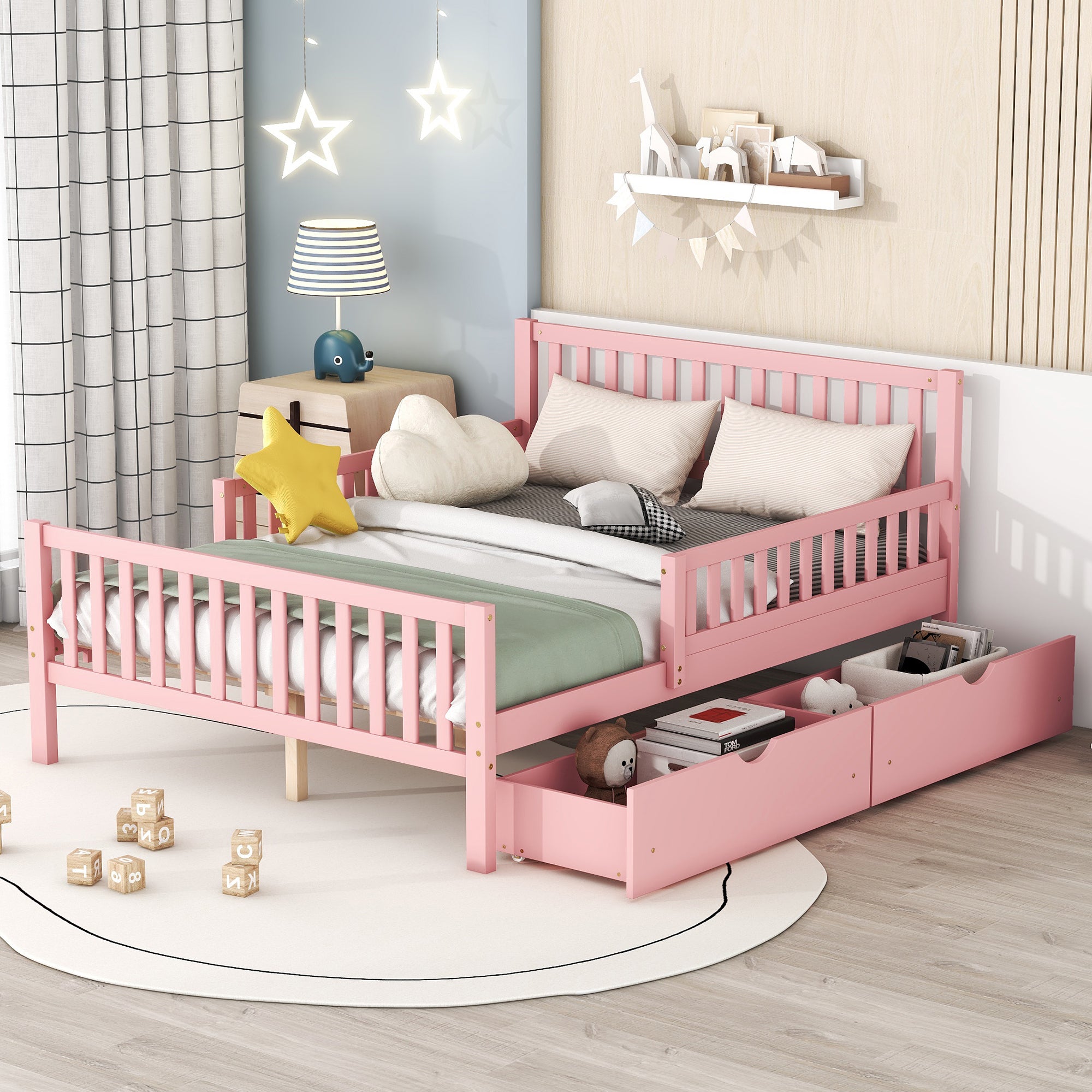 Full Size Wood Platform Bed with Guardrails and Storage Drawers In Pink