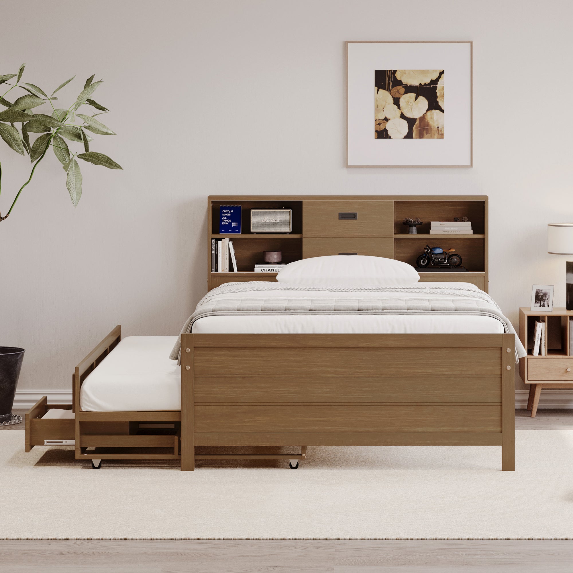 Walnut Twin Platform Bed with Trundle, Drawers & Storage Headboard