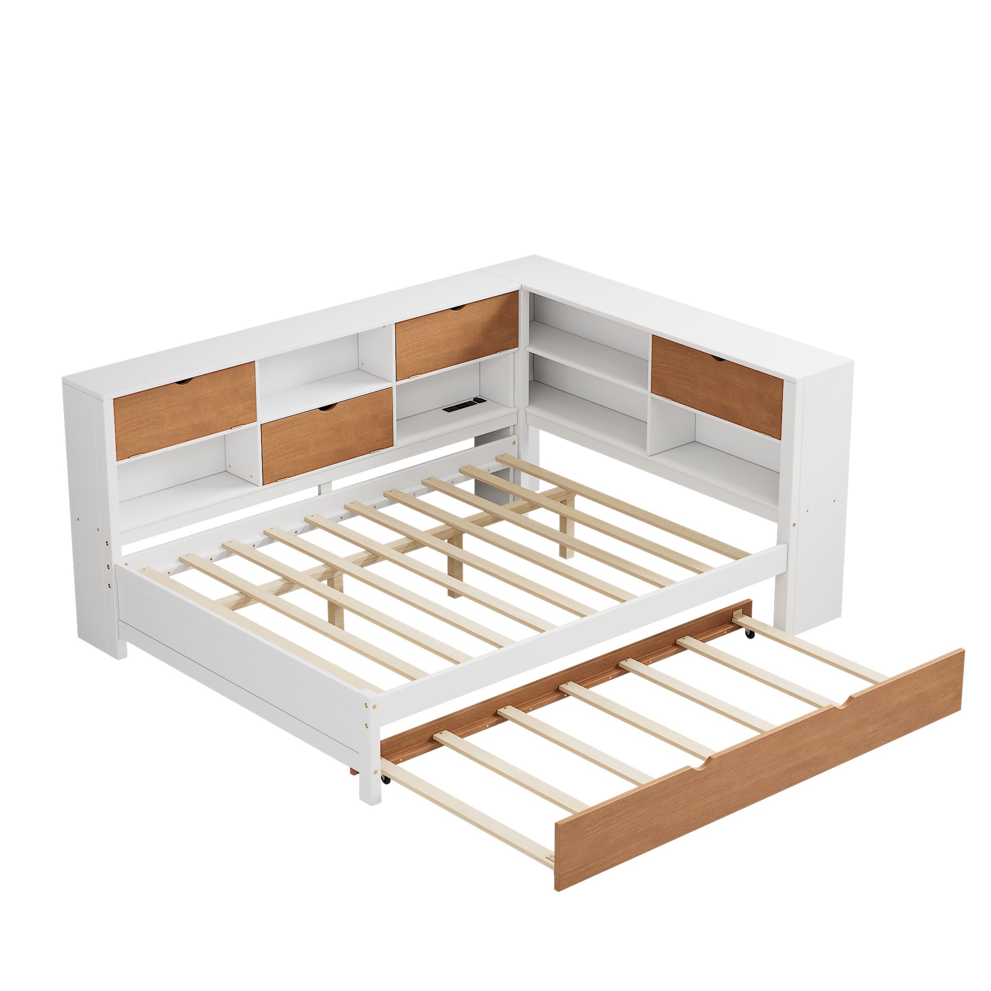 Full Daybed with Storage, Trundle & L-Shaped Bookcases in White & Walnut