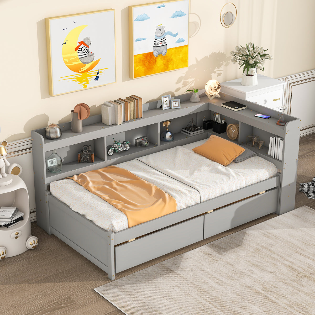 Twin Bed with L-Shaped Bookcases and Storage Drawers in Gray