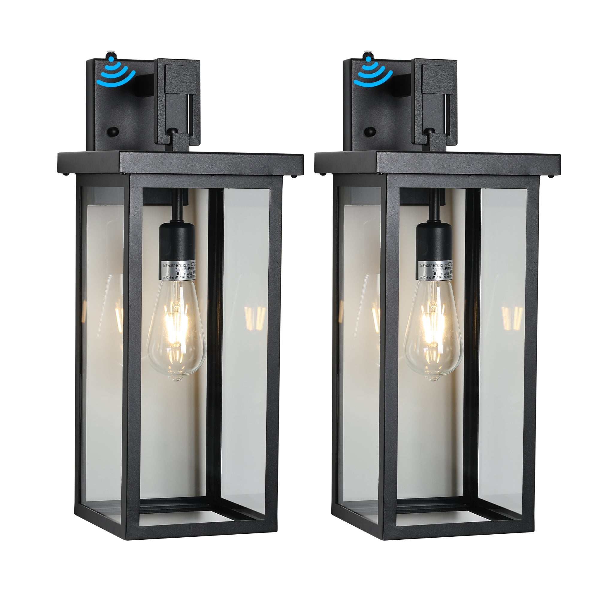 Set of 2 Black Square Design Outdoor Wall Lanterns with Clear Glass Panels