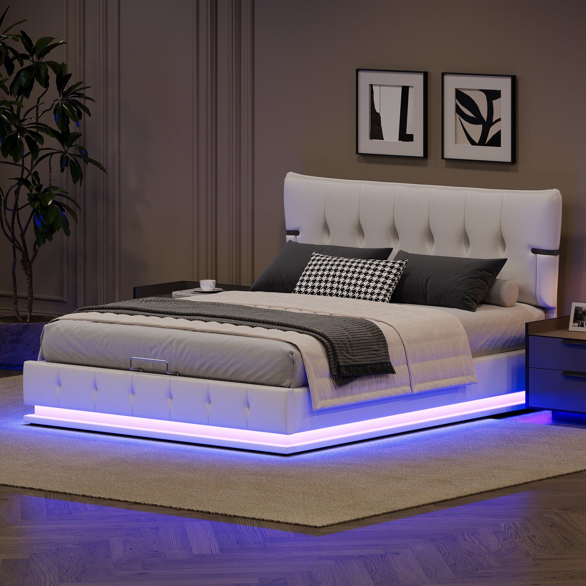 Upholstered Platform Queen Size Lift Up Storage Bed with LED Lighting in White