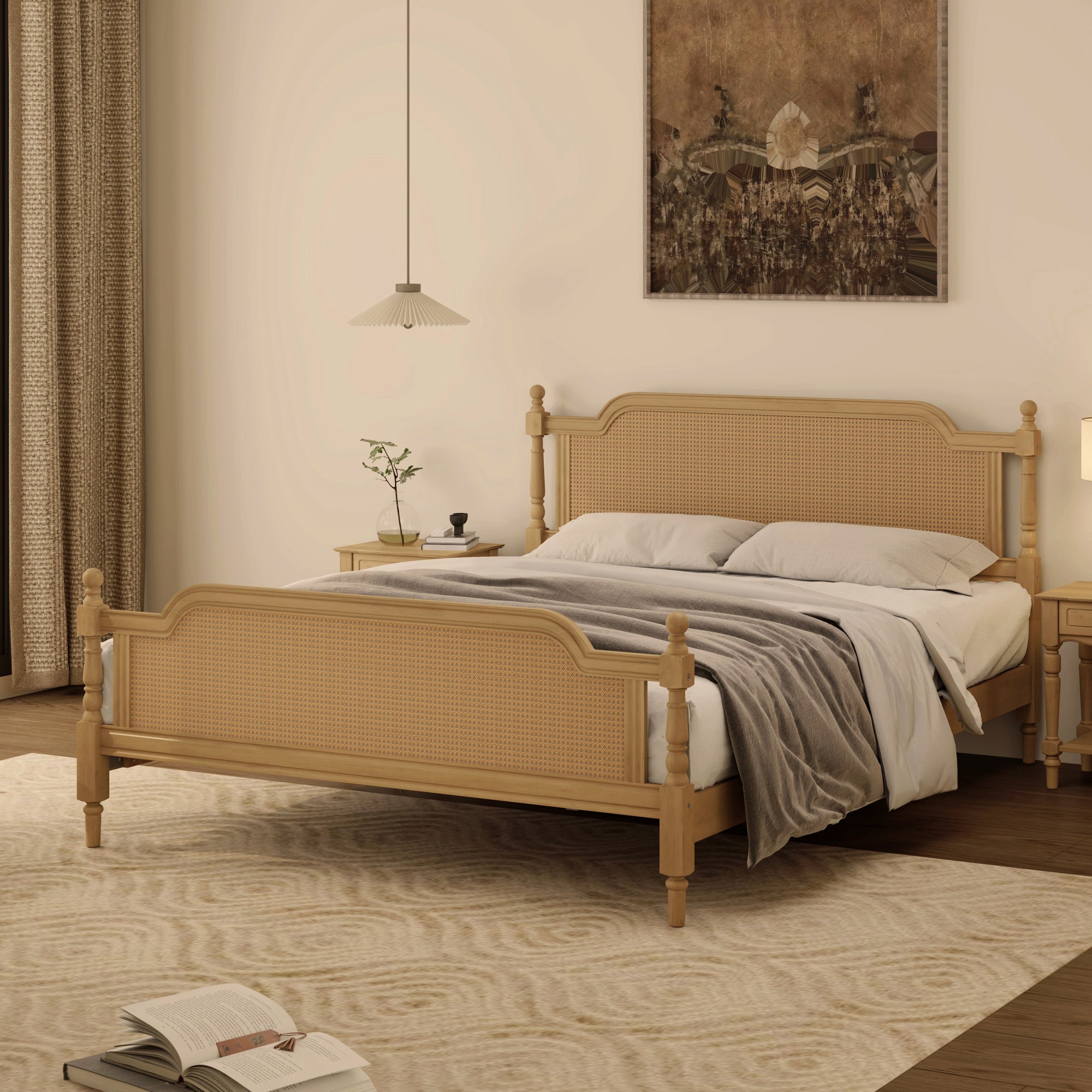 Walnut Toned King Rattan Bed Frame with Elegant Rattan Headboard