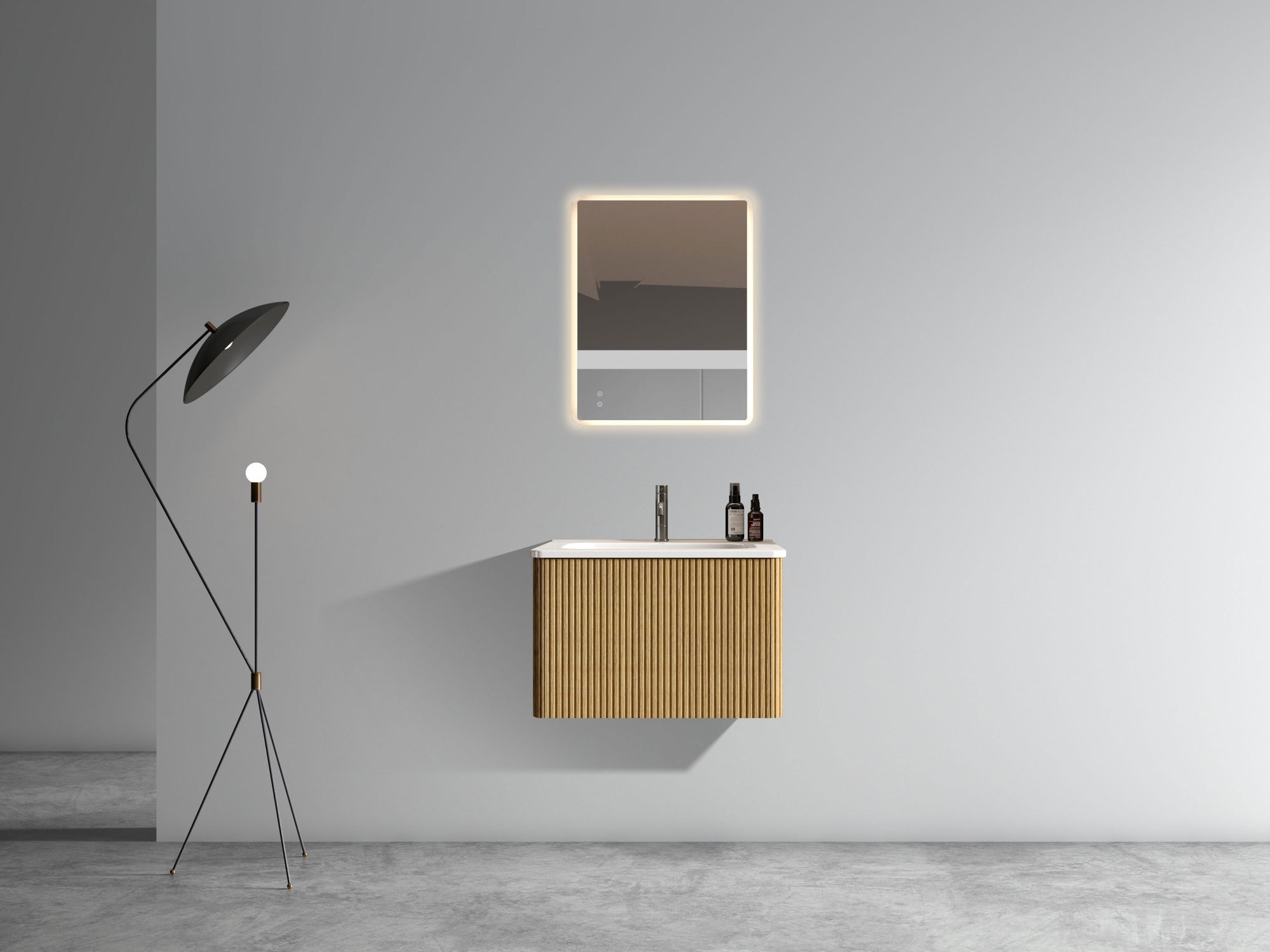 Striped Natural Oak Bathroom Vanity with White Ceramic Sink Wall Mounted Floating Design In White and Oak