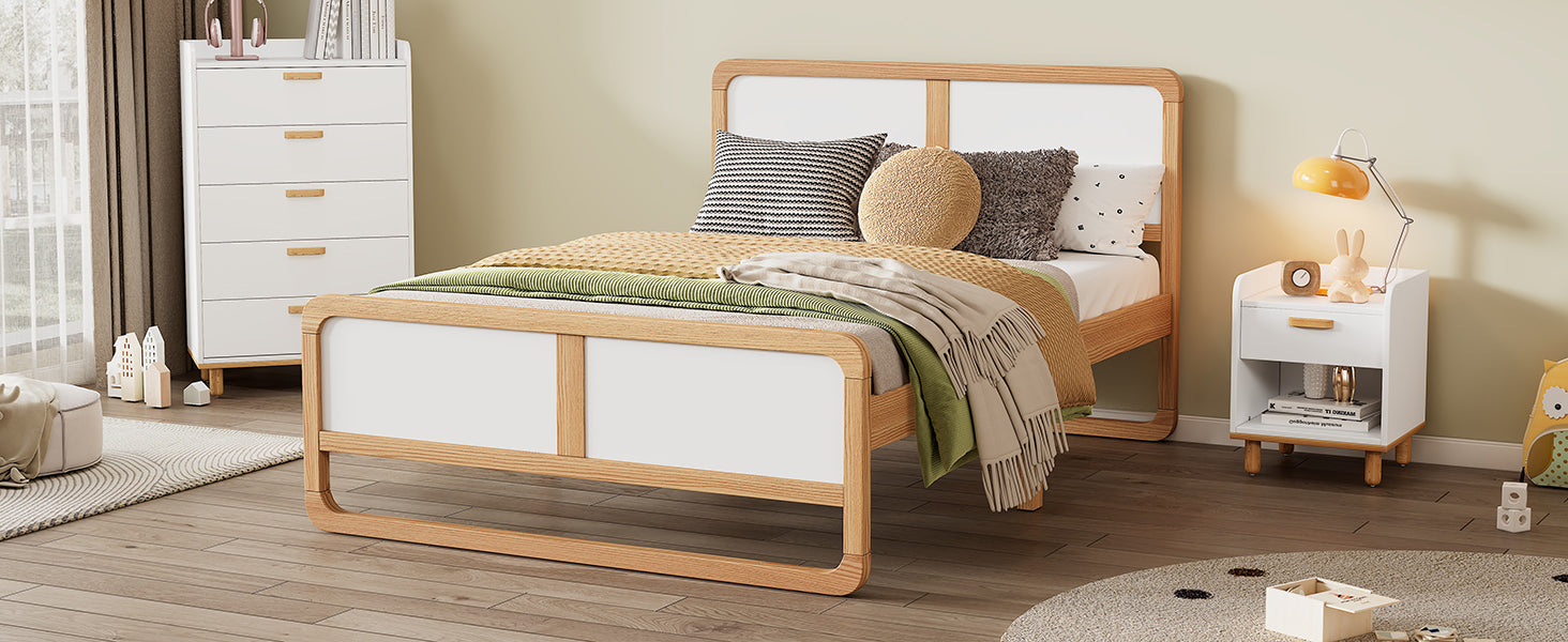 Modern White & Walnut Queen Bed Frame