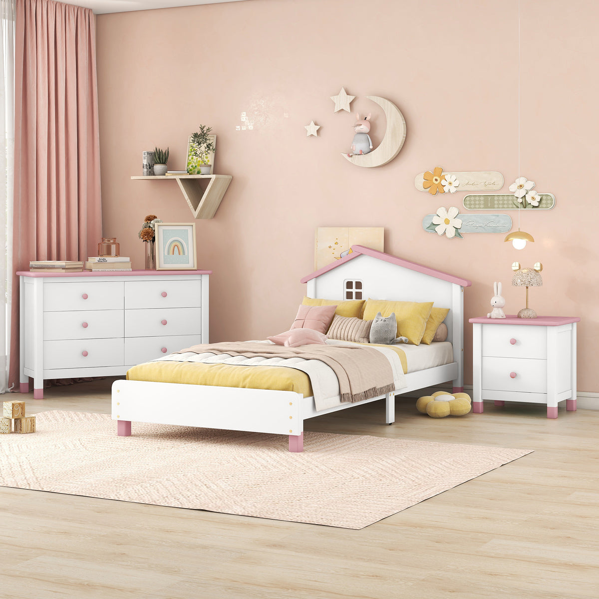 3-Pieces Bedroom Sets Twin Size Platform Bed With Nightstand And Storage Dresser Crafted From Solid Wood In White Pink