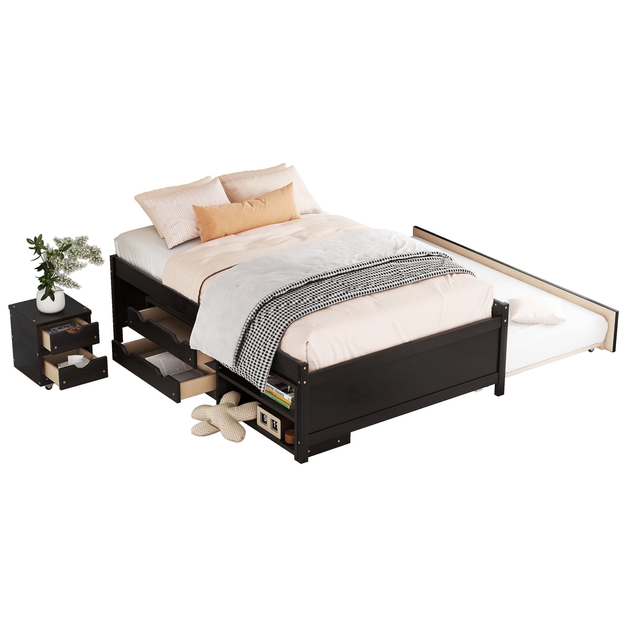 Full Bed with Trundle, Under-Bed Storage Box, and Nightstand in Espresso