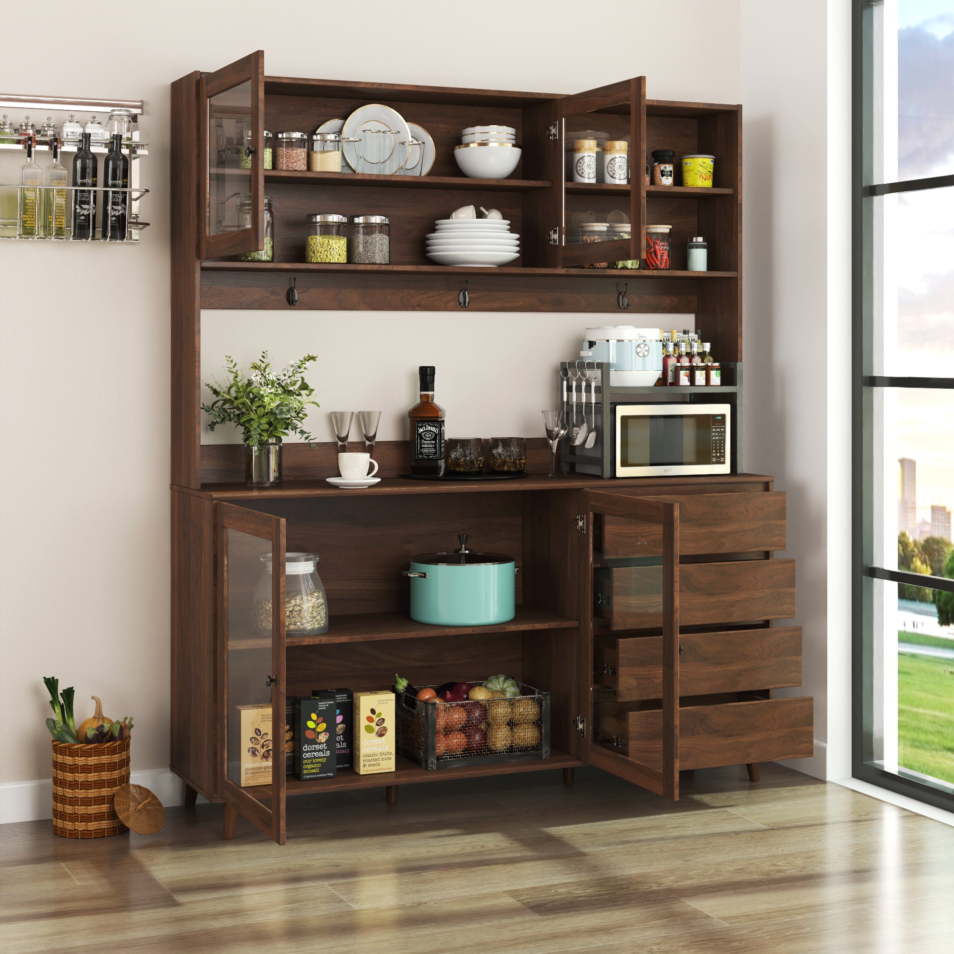 Large 63' W Kitchen Hutch Cabinet with 4 Doors and Drawers Freestanding Pantry Storage Cupboard with Microwave Shelf In Walnut