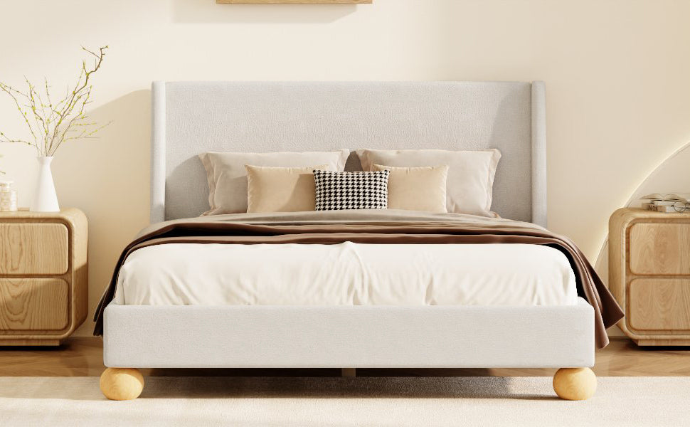 King Beige Upholstered Bed Frame With Wingback Headboard